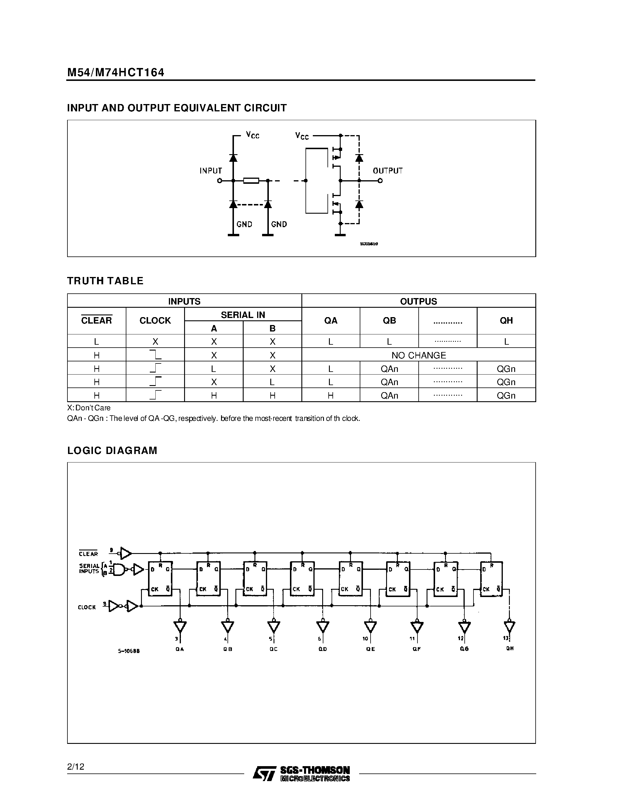 Datasheet M74HCT164 - 8 BIT SIPO SHIFT REGISTER page 2