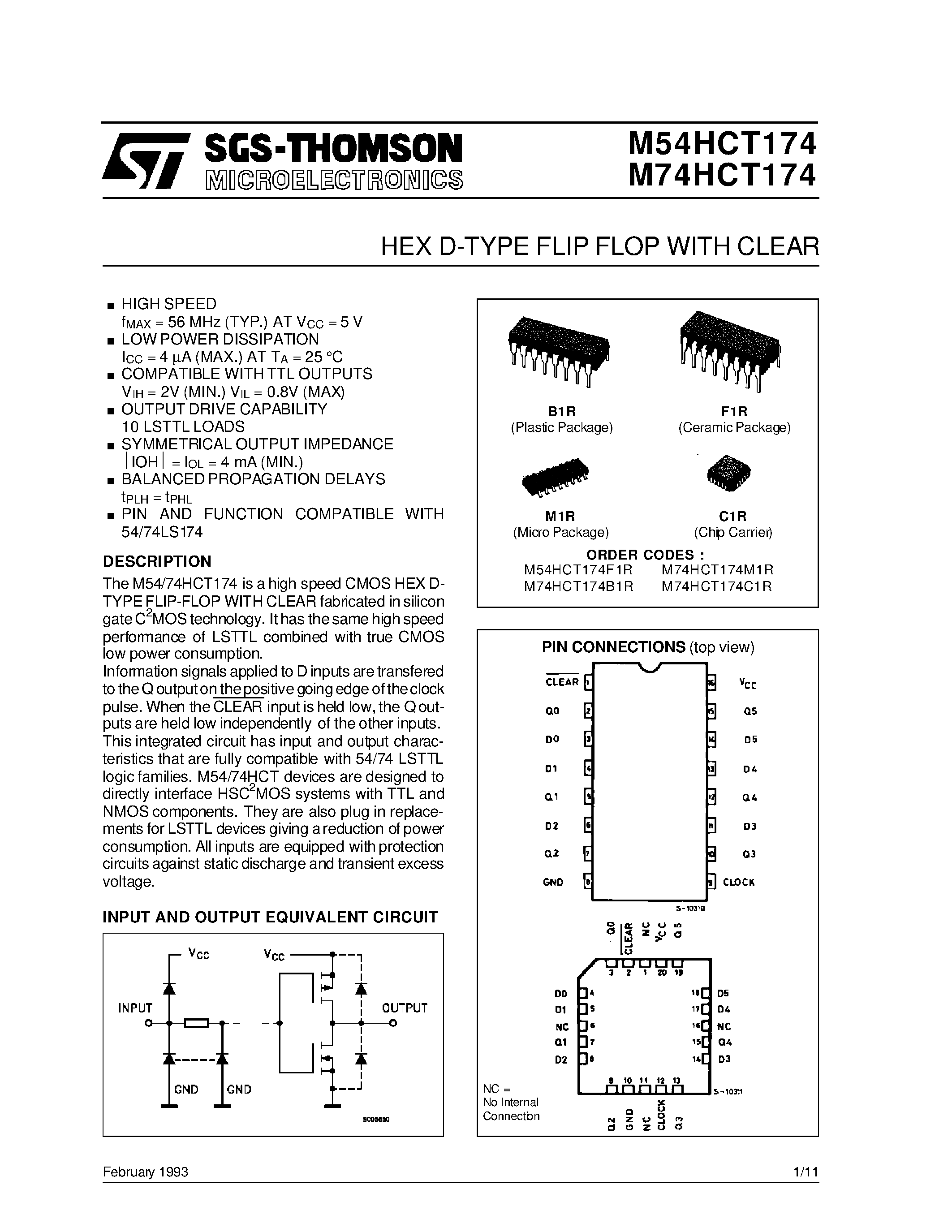 Datasheet M74HCT174 - HEX D-TYPE FLIP FLOP WITH CLEAR page 1