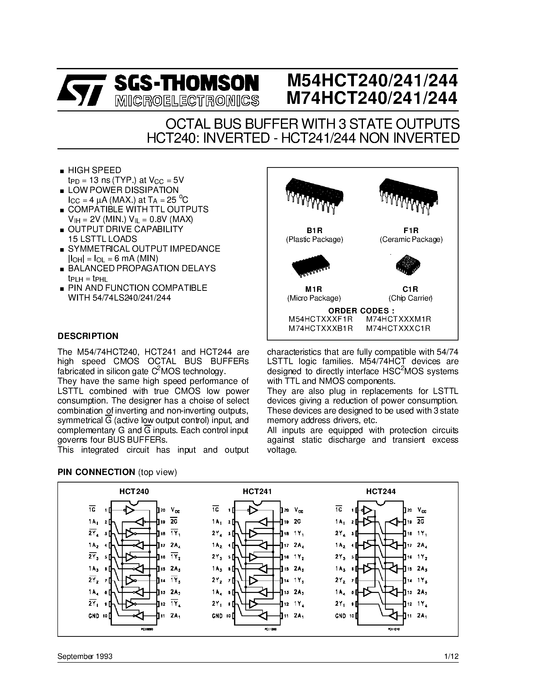 Datasheet M74HCT240 - OCTAL BUS BUFFER WITH 3 STATE OUTPUTS HCT240: INVERTED - HCT241/244 NON INVERTED page 1