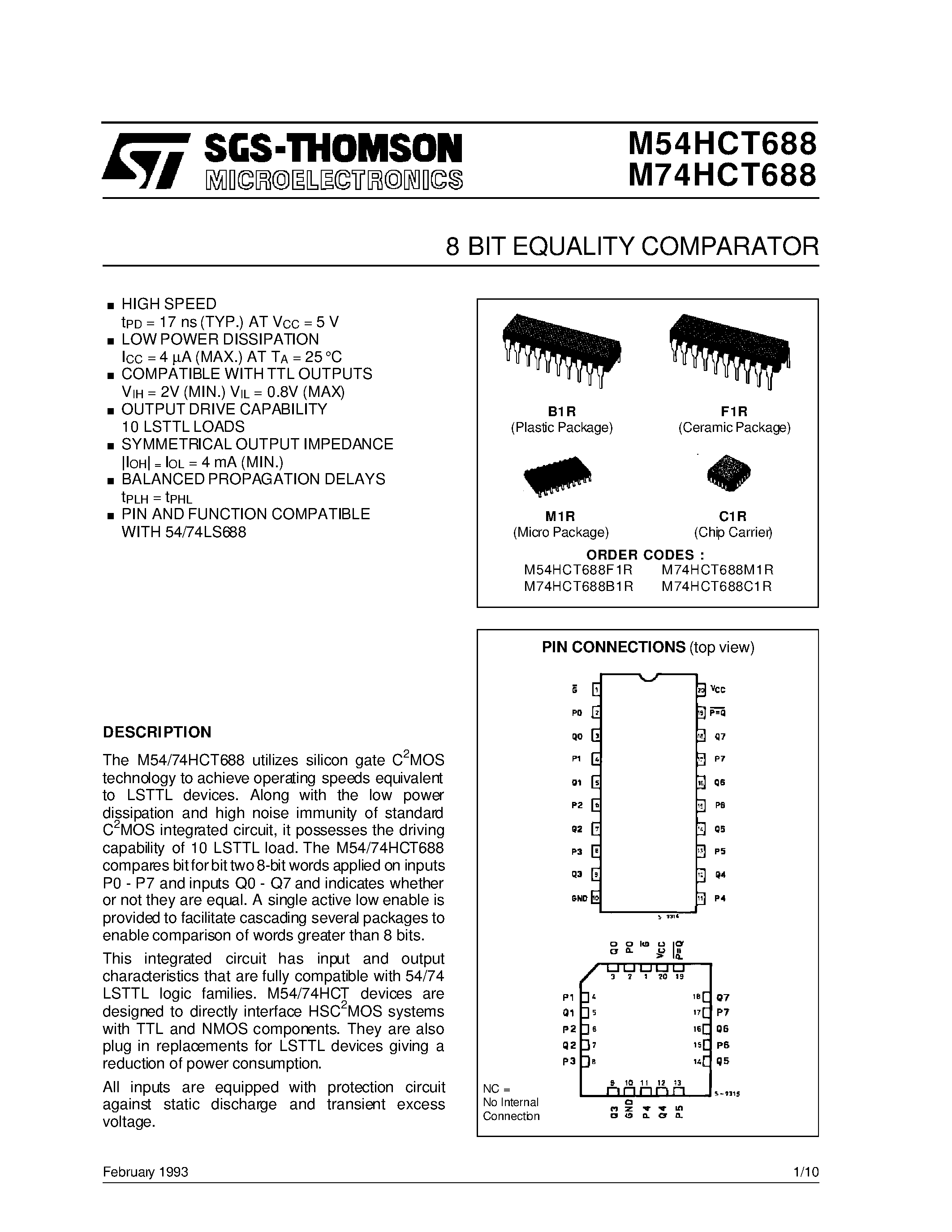 Datasheet M74HCT688 - 8 BIT EQUALITY COMPARATOR page 1