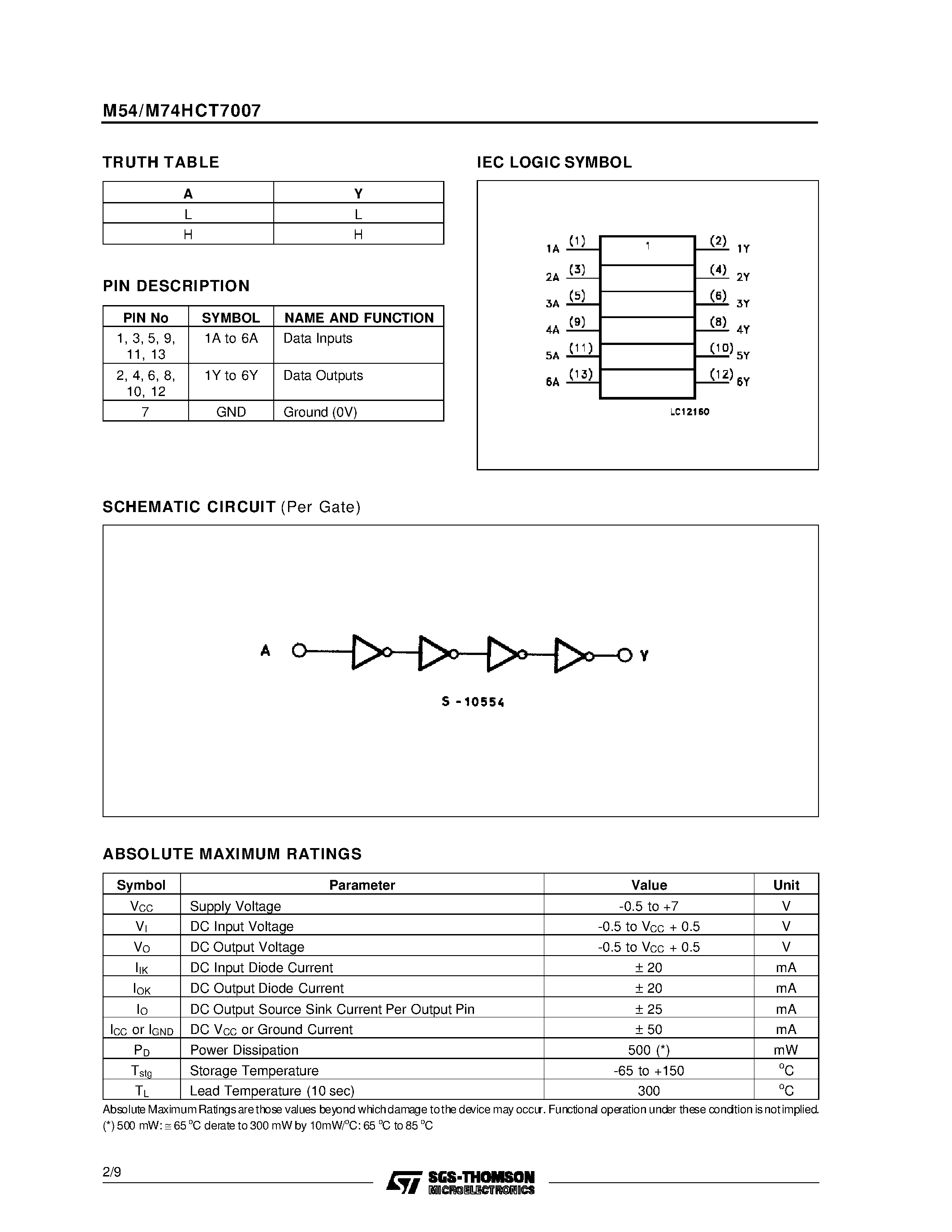 Datasheet M74HCT7007M1R - HEX BUFFER page 2