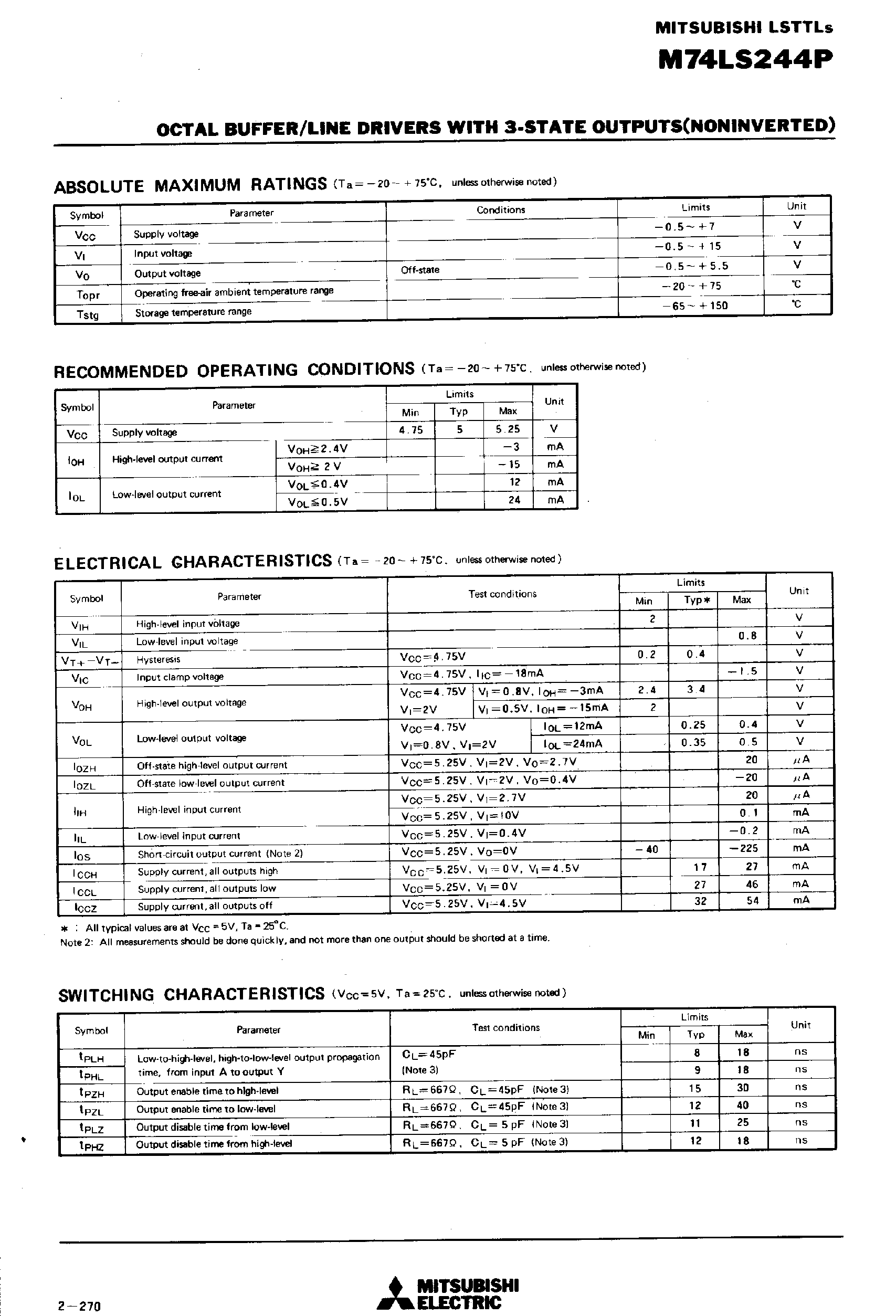 Datasheet M74LS244 - OCTAL BUFFER/LINE DRIVERS WITH 3-STATE OUTPUT(NONINVERTED) page 2