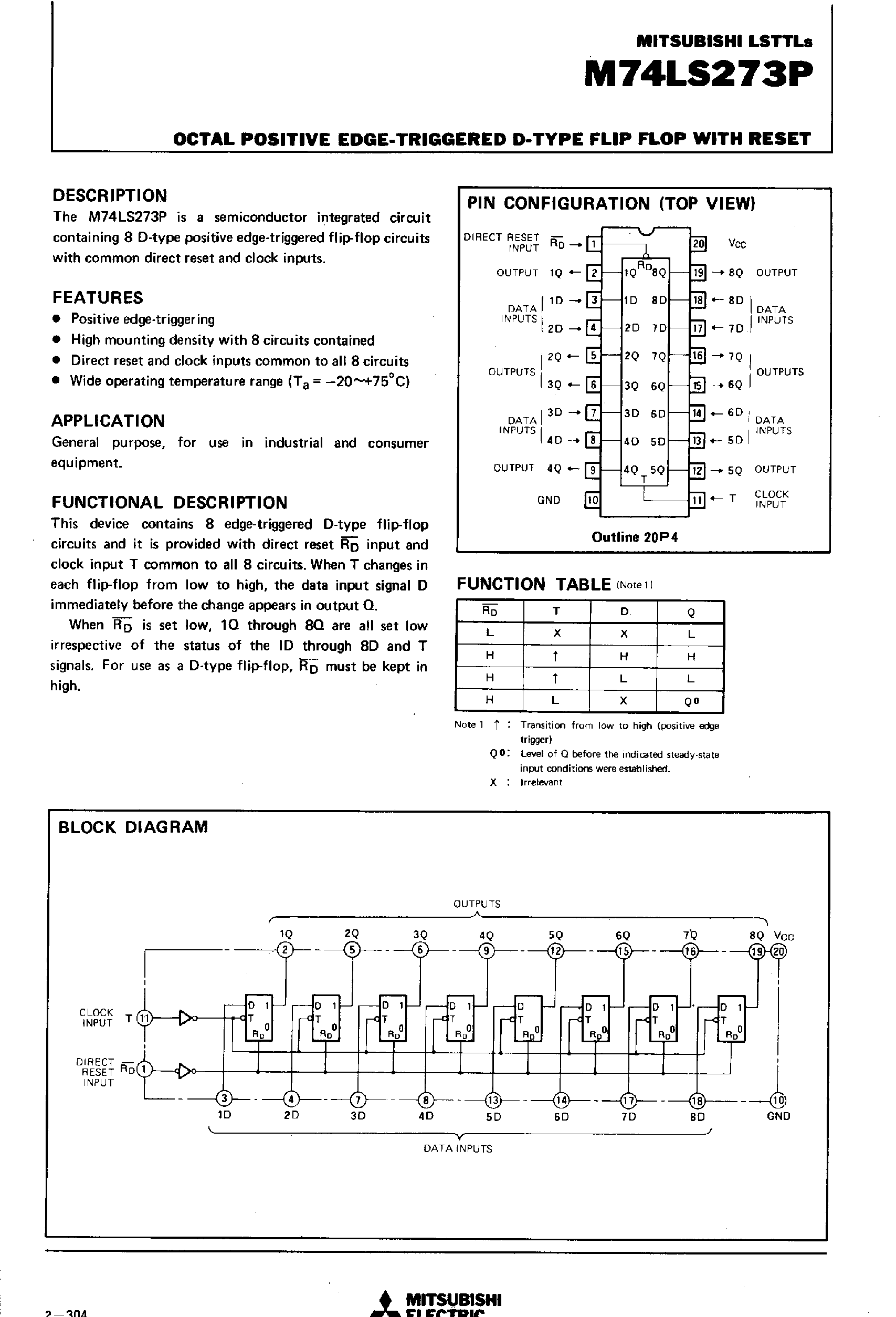 Datasheet M74LS273P - OCTAL POSITIVE EDGE-TRIGGERED D-TYPE FLIP FLOP WITH RESET page 1