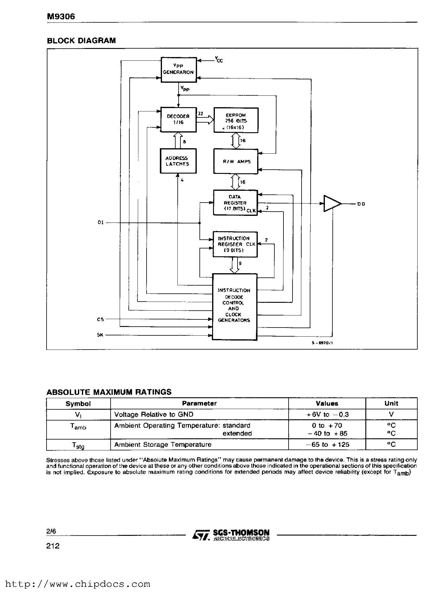 Datasheet M9306 - 256BIT (16X16) SERIAL NMOS EEPROM page 2