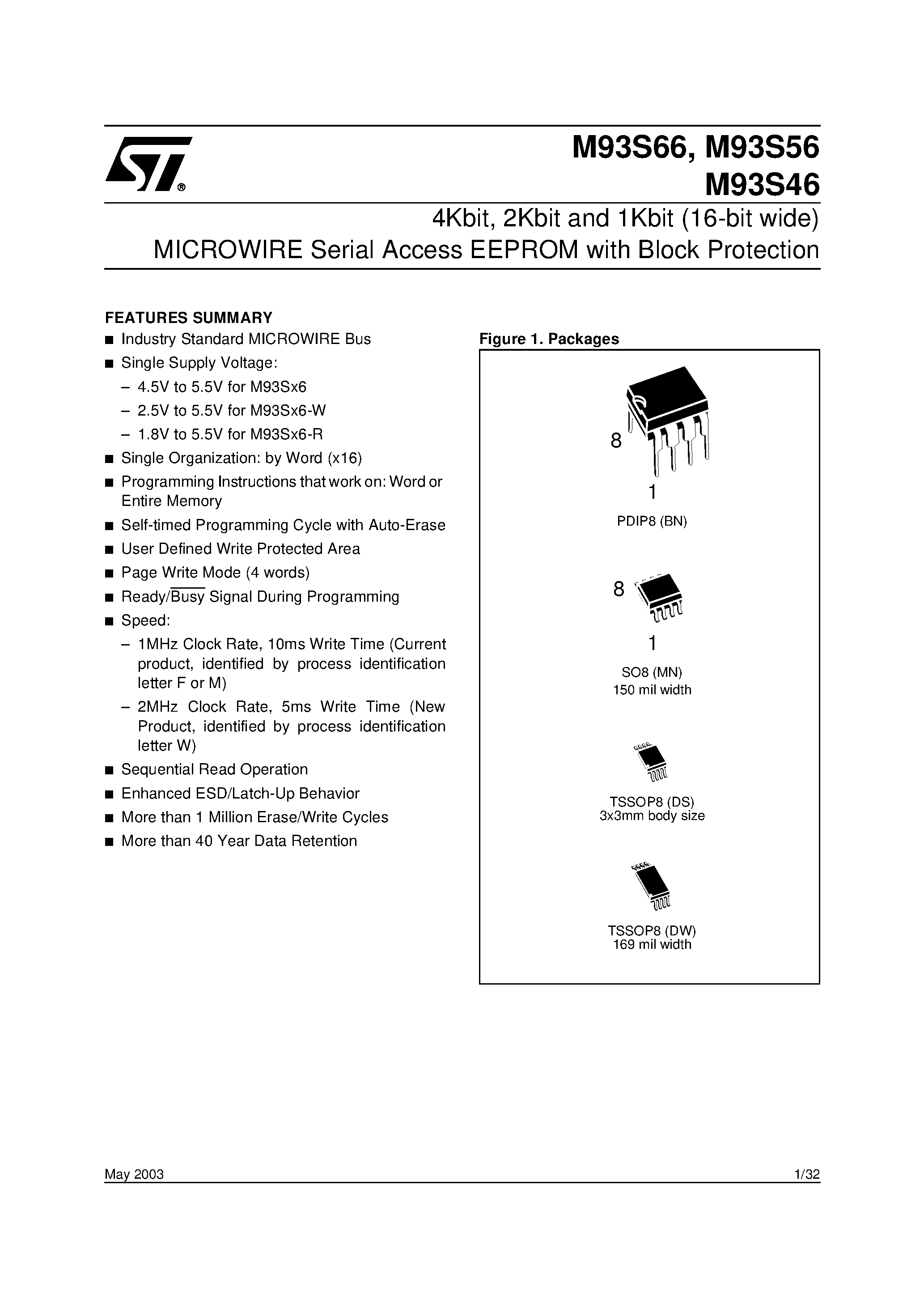Datasheet M93S56 - 4Kbit / 2Kbit and 1Kbit 16-bit wide MICROWIRE Serial Access EEPROM with Block Protection page 1