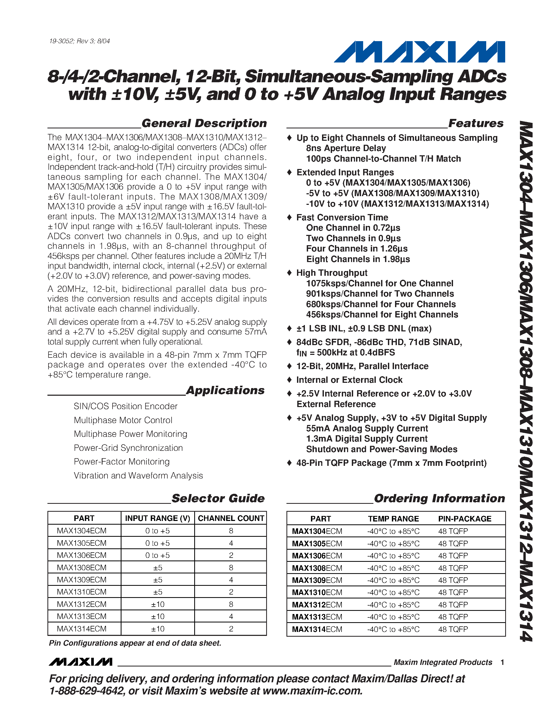 Datasheet MAX1308 - 8-/4-/2-Channel / 12-Bit / Simultaneous-Sampling ADCs with 10V / 5V / and 0 to +5V Analog Input Ranges page 1