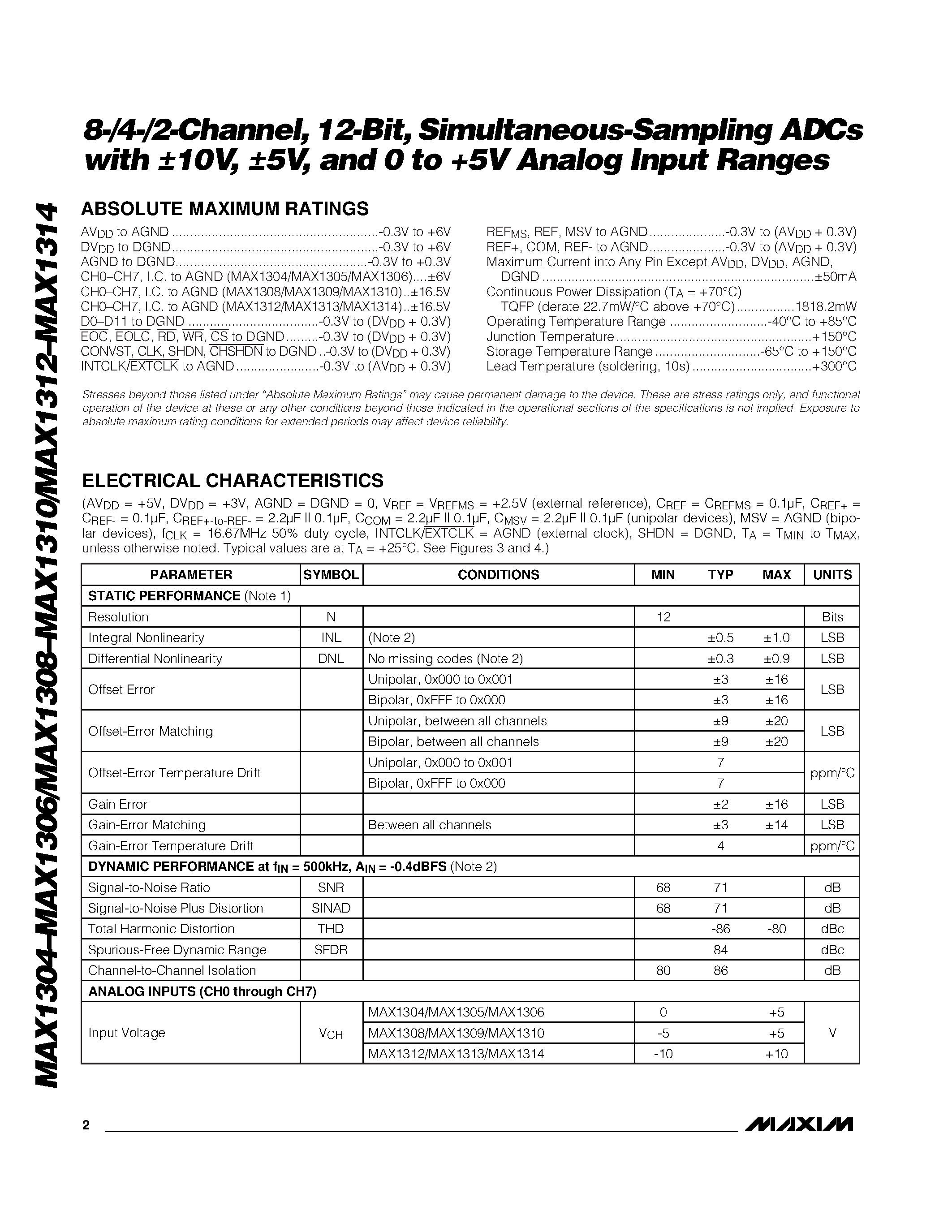 Datasheet MAX1308 - 8-/4-/2-Channel / 12-Bit / Simultaneous-Sampling ADCs with 10V / 5V / and 0 to +5V Analog Input Ranges page 2