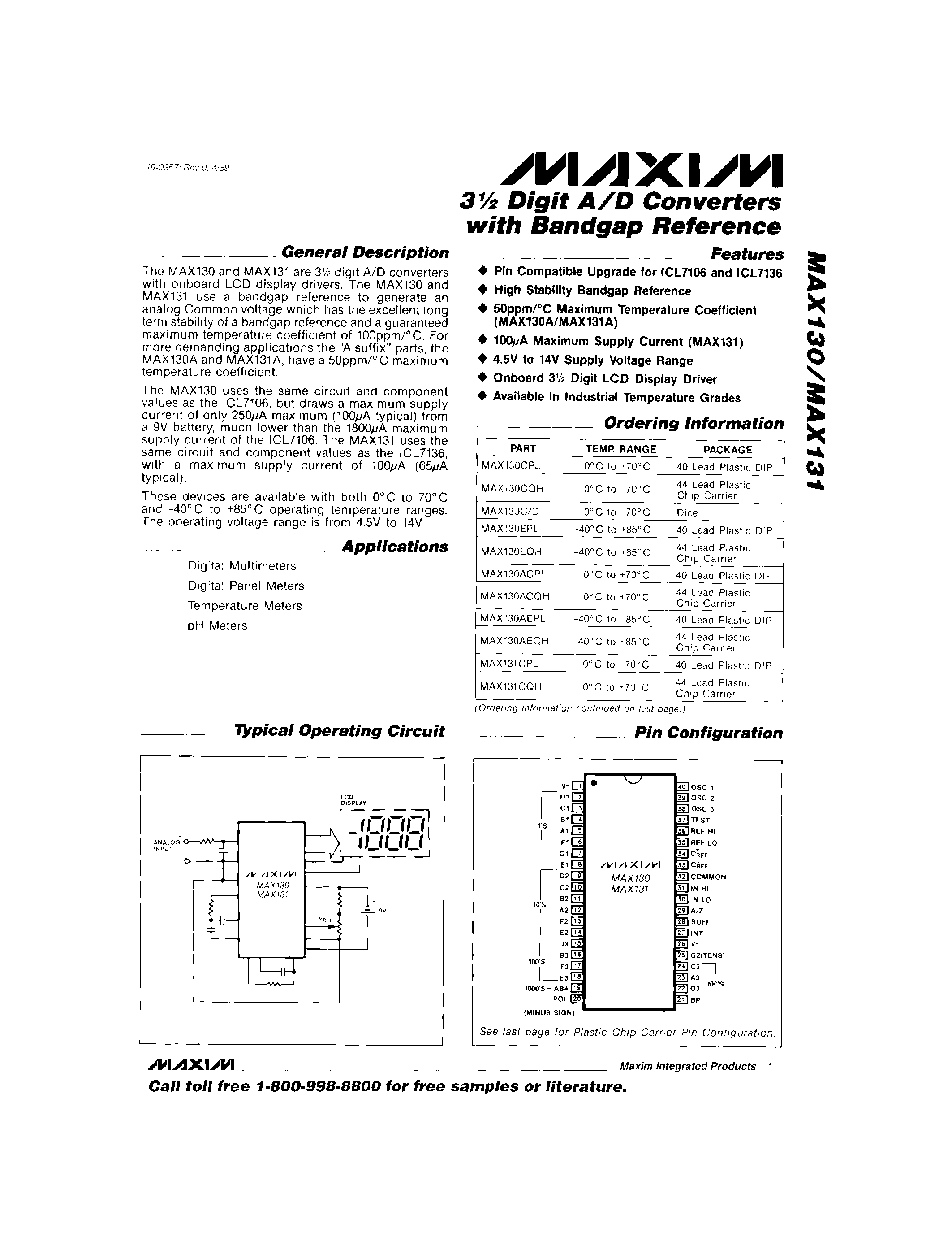 Datasheet MAX131C/D - 3 Digit A/D Converters with Bandgap Refrence page 1