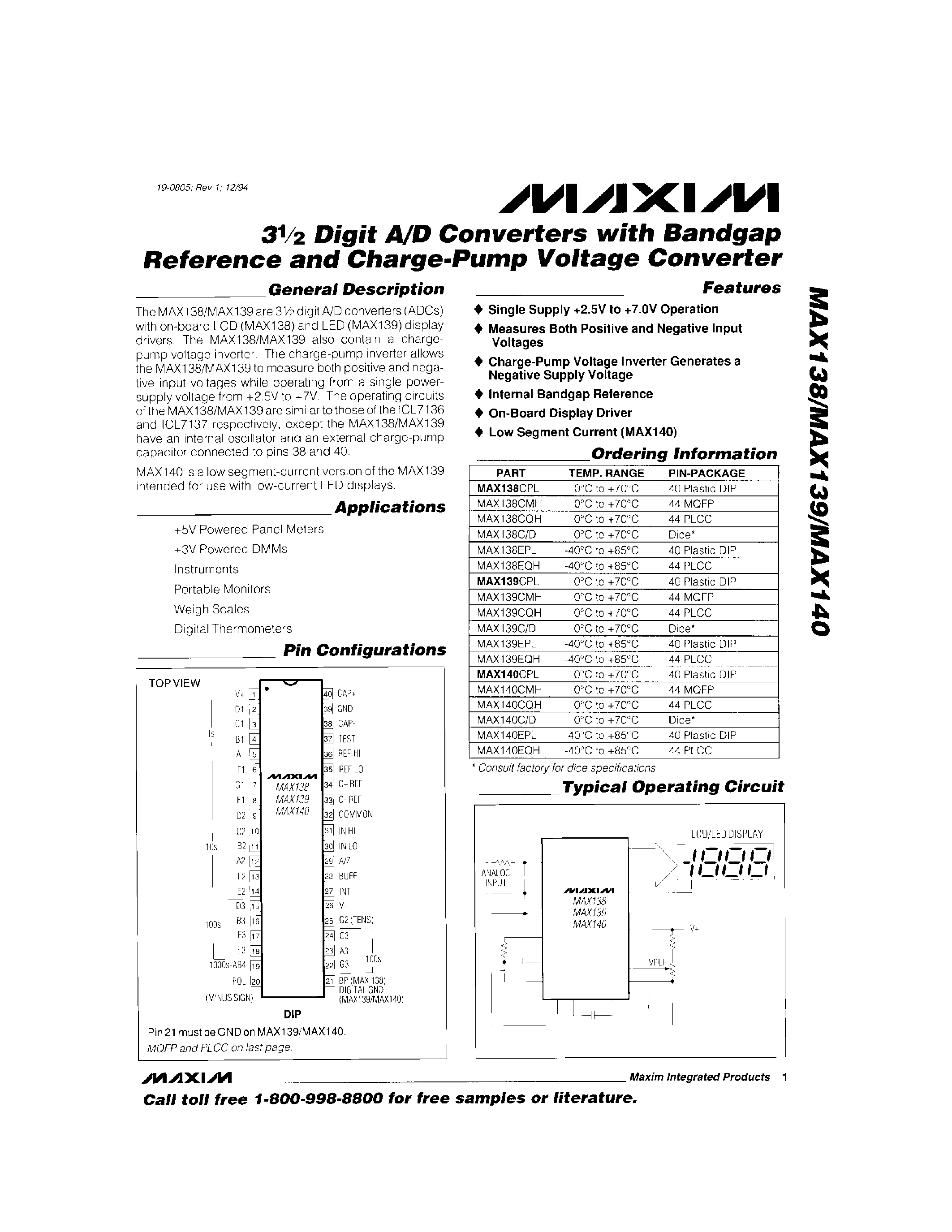 Datasheet MAX138-MAX140 - 3Digit A/D Converters with Bandgap Refrence and Charge-Pump Voltage Converter page 1