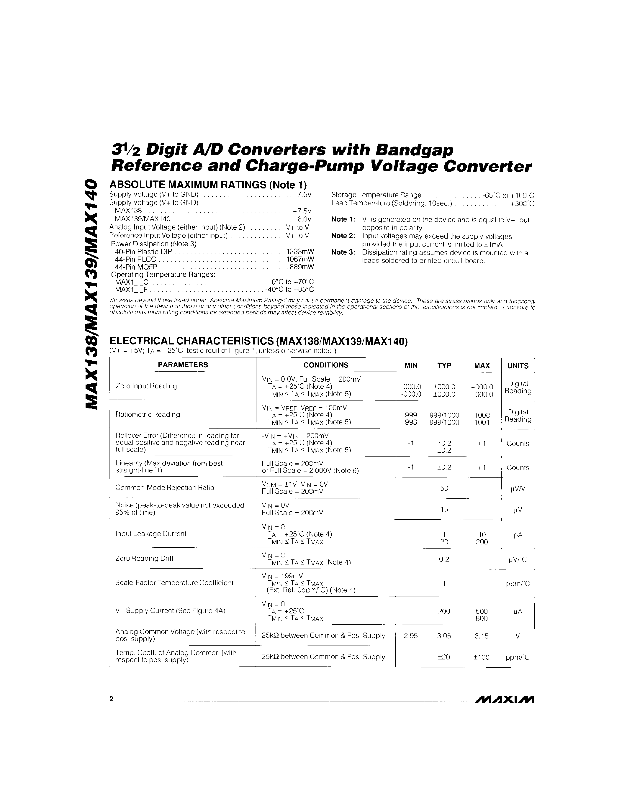 Datasheet MAX138-MAX140 - 3Digit A/D Converters with Bandgap Refrence and Charge-Pump Voltage Converter page 2