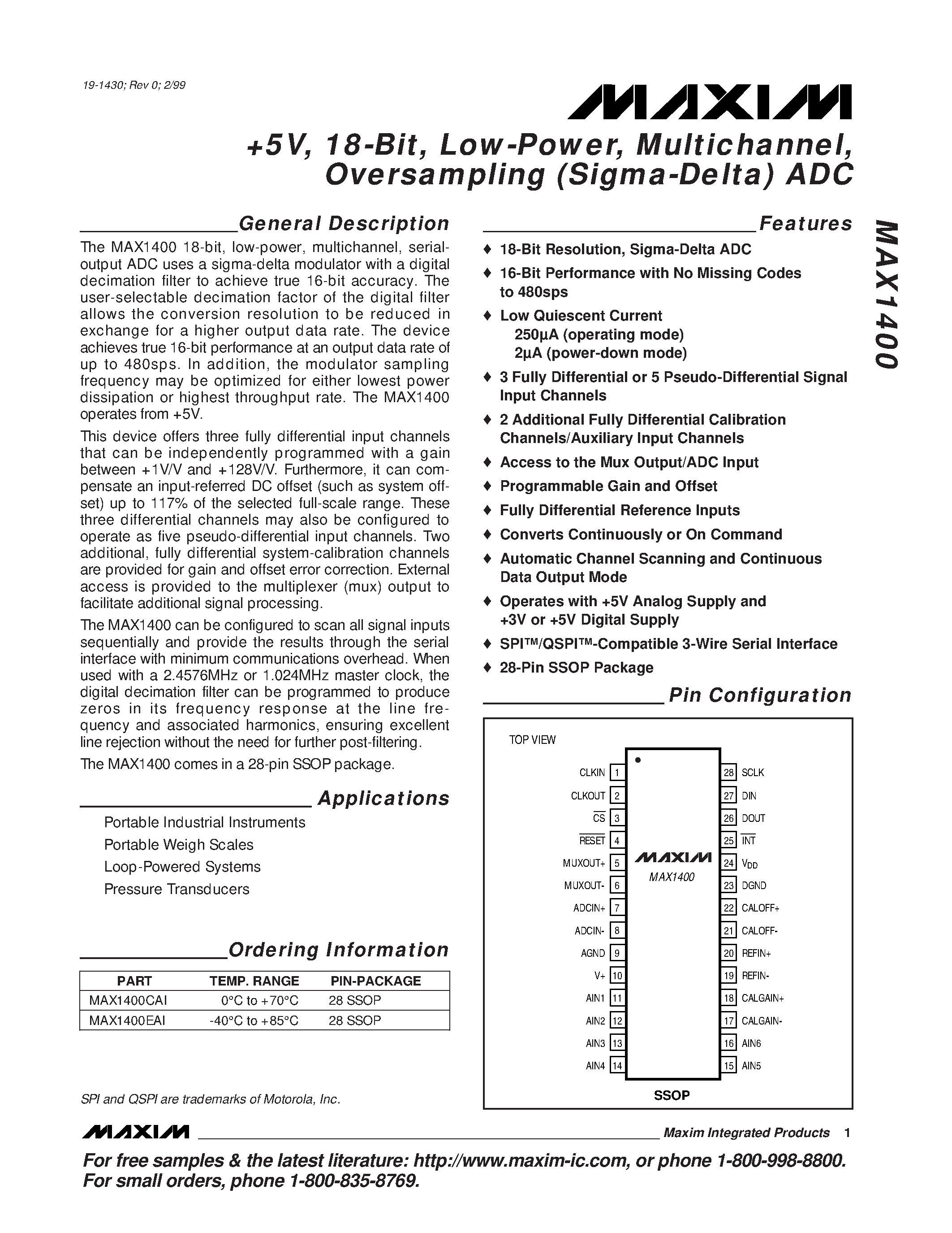 Datasheet MAX1400 - %V / 18-Bit / Low-Power / Multichannel / Oversampling Sigma-Delta ADC page 1