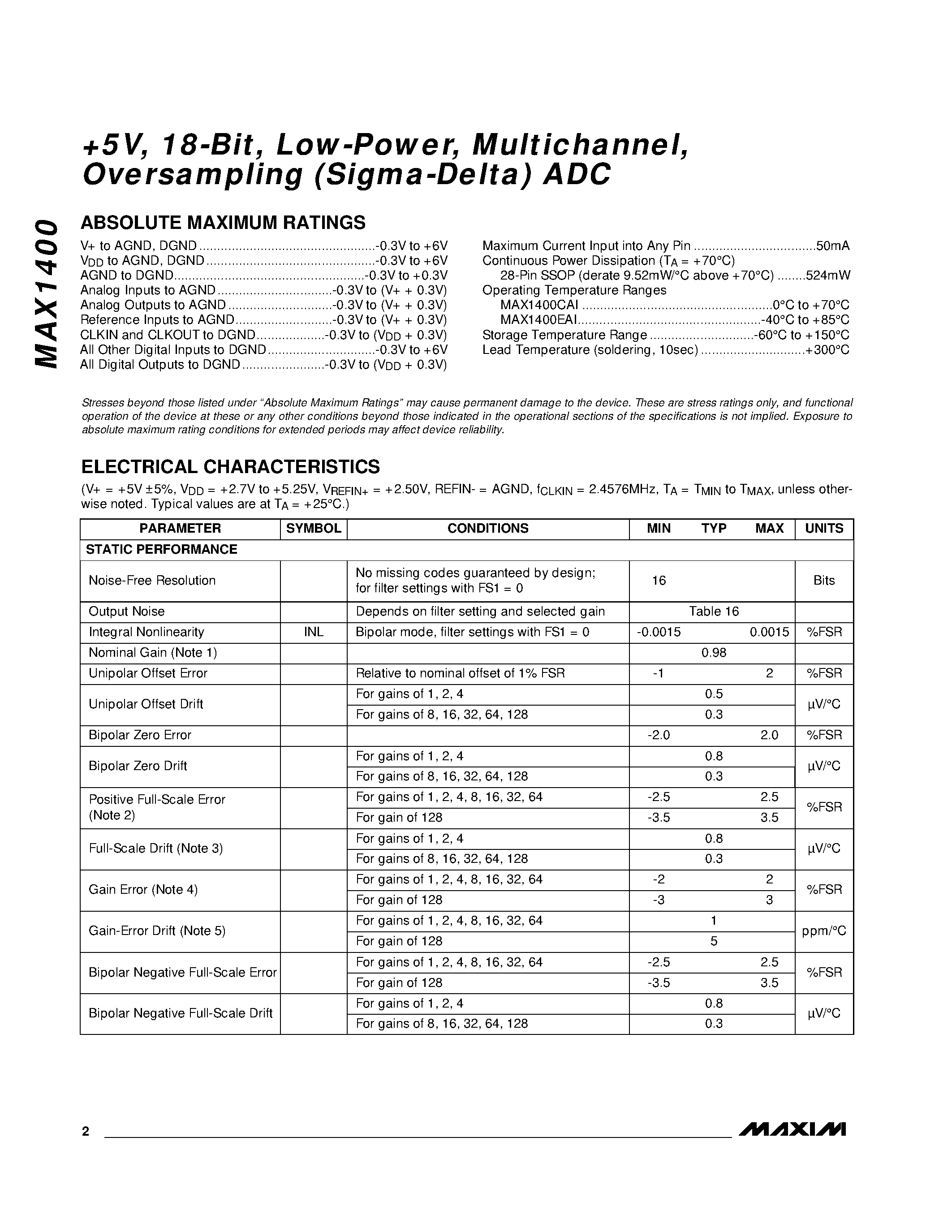 Datasheet MAX1400 - %V / 18-Bit / Low-Power / Multichannel / Oversampling Sigma-Delta ADC page 2