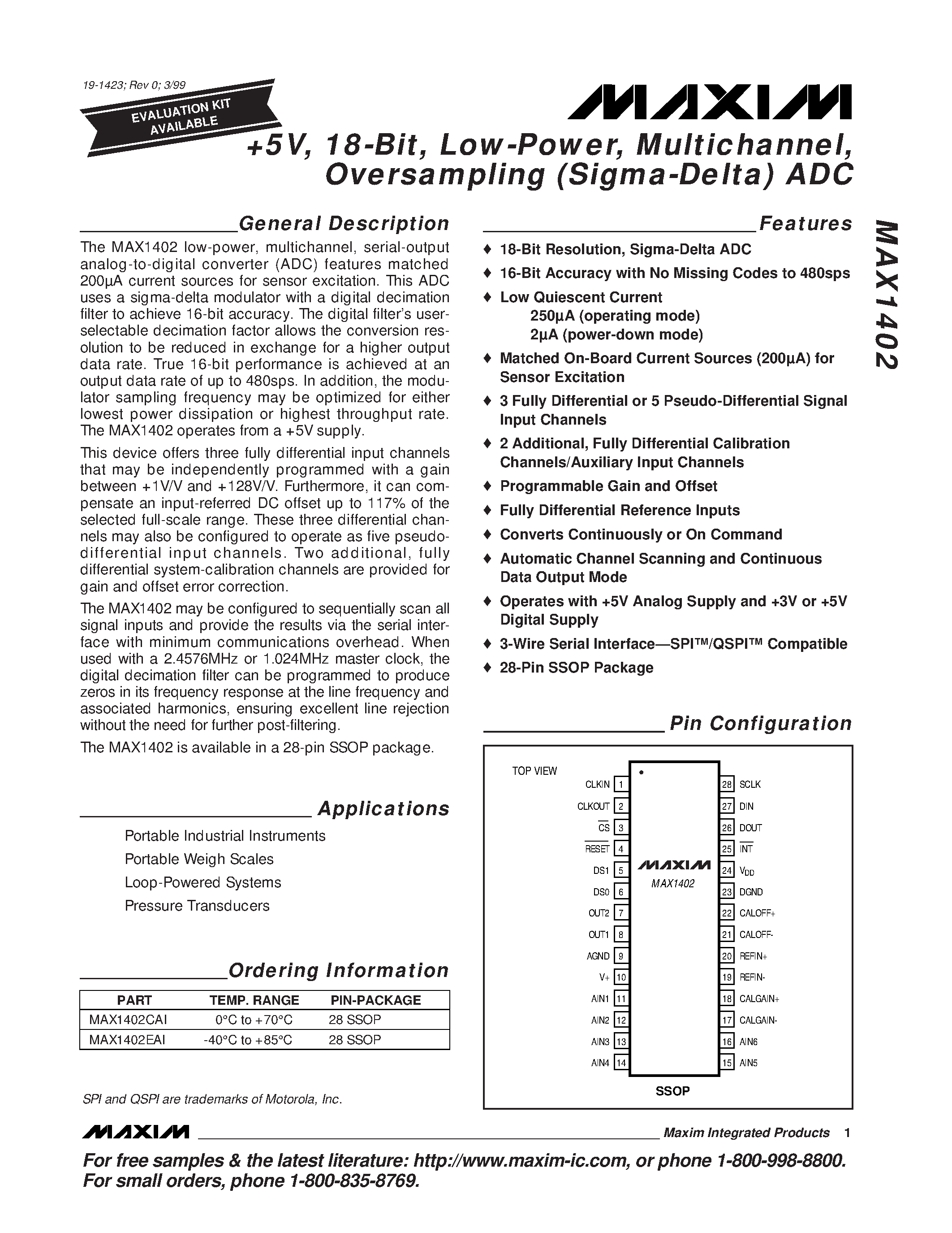 Datasheet MAX1402CAI - +5V / 18-Bit / Low-Power / Multichannel / Oversampling Sigma-Delta ADC page 1