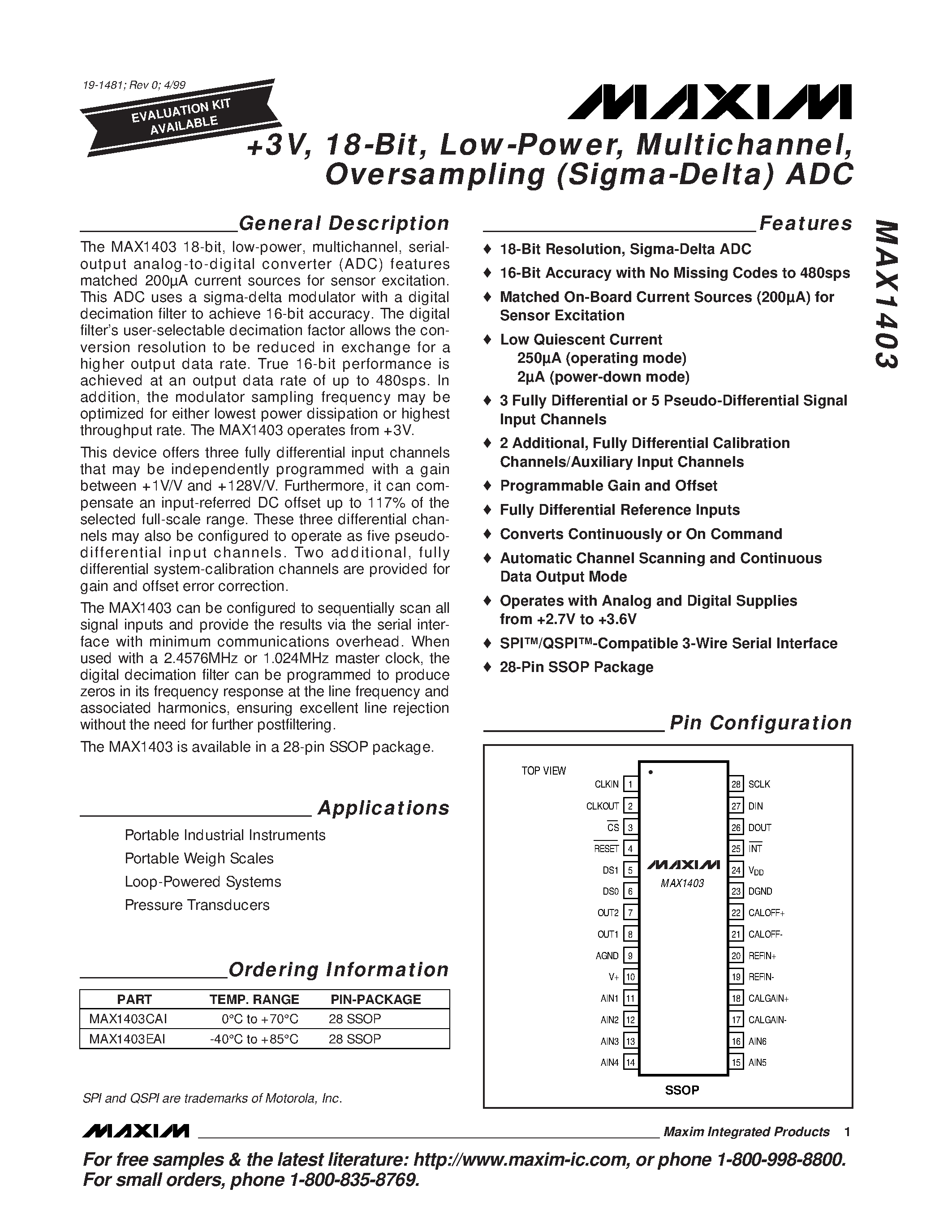 Datasheet MAX1403CAI - +3V / 18-Bit / Low-Power / Multichannel / Oversampling Sigma-Delta ADC page 1