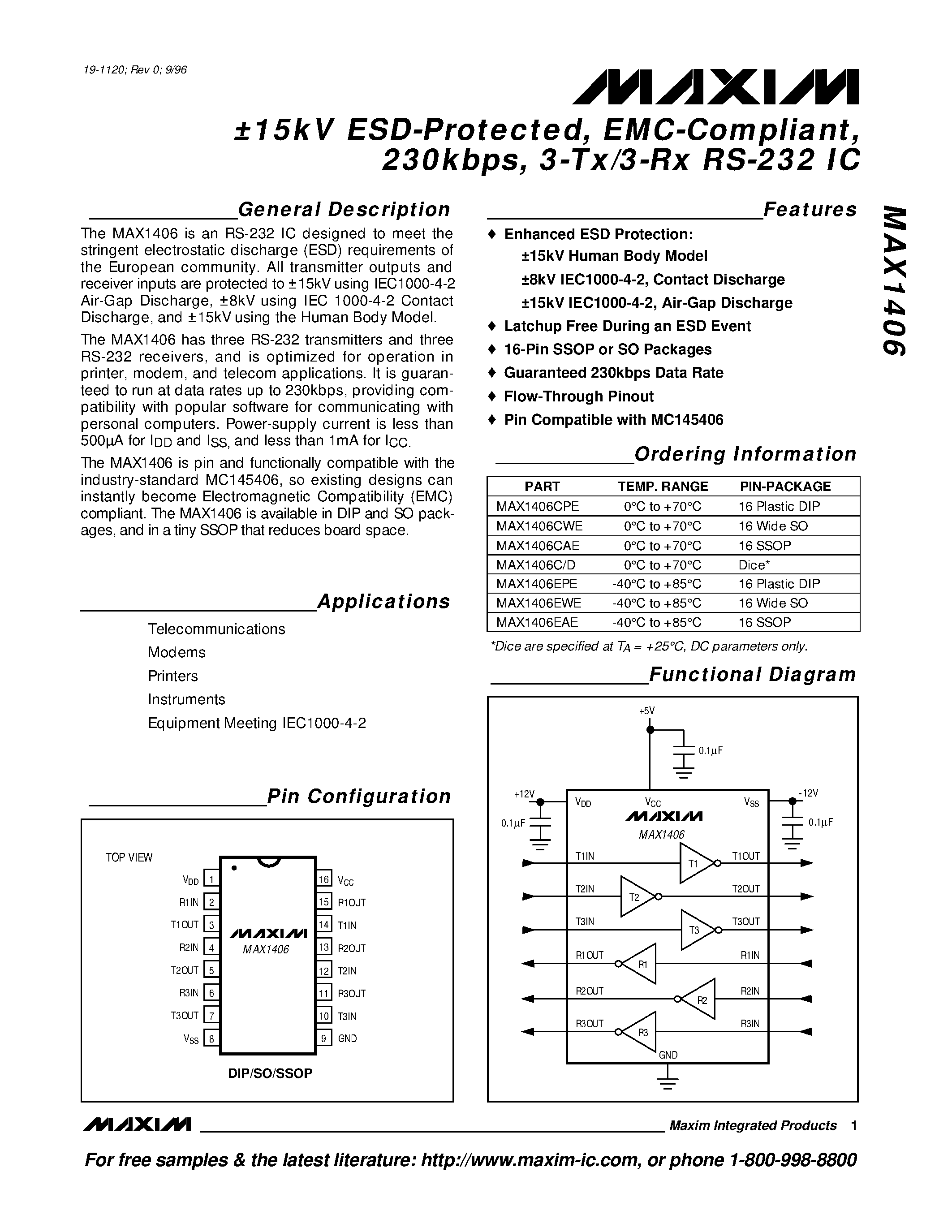Datasheet MAX1406 - 15kV ESD-Protected / EMC-Compliant / 230kbps / 3-Tx/3-Rx RS-232 IC page 1