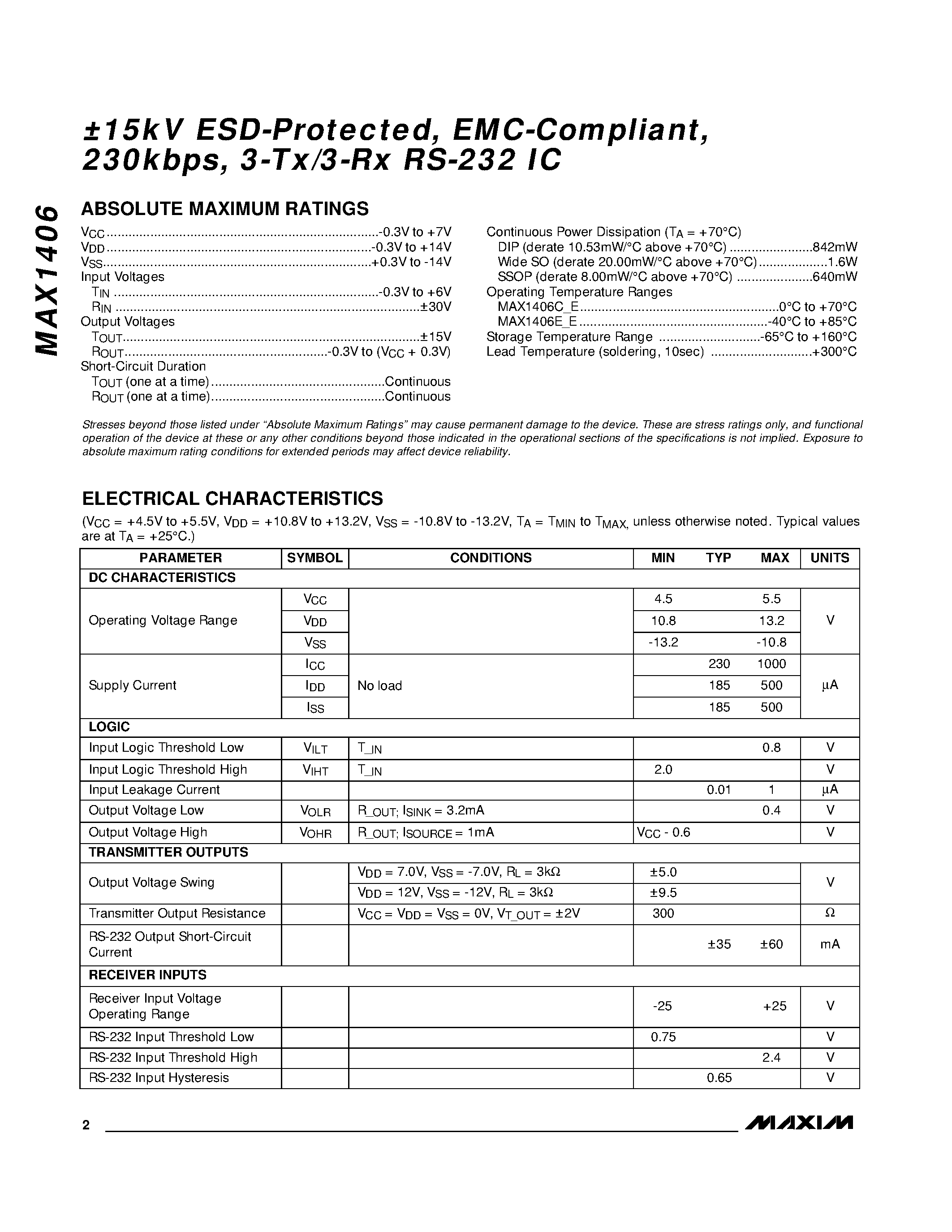 Datasheet MAX1406 - 15kV ESD-Protected / EMC-Compliant / 230kbps / 3-Tx/3-Rx RS-232 IC page 2