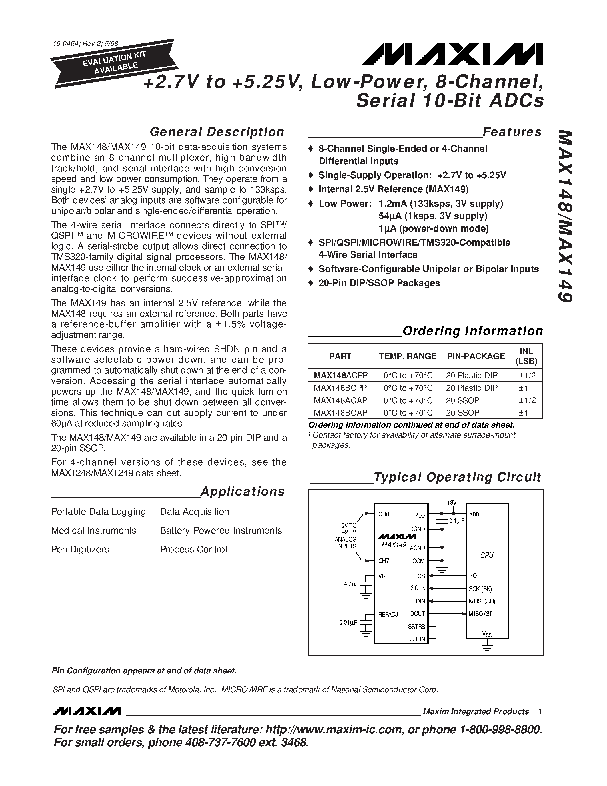 Datasheet MAX148-MAX149 - +2.7V to +5.25V / Low-Power / 8-Channel / Serial 10-Bit ADCs page 1