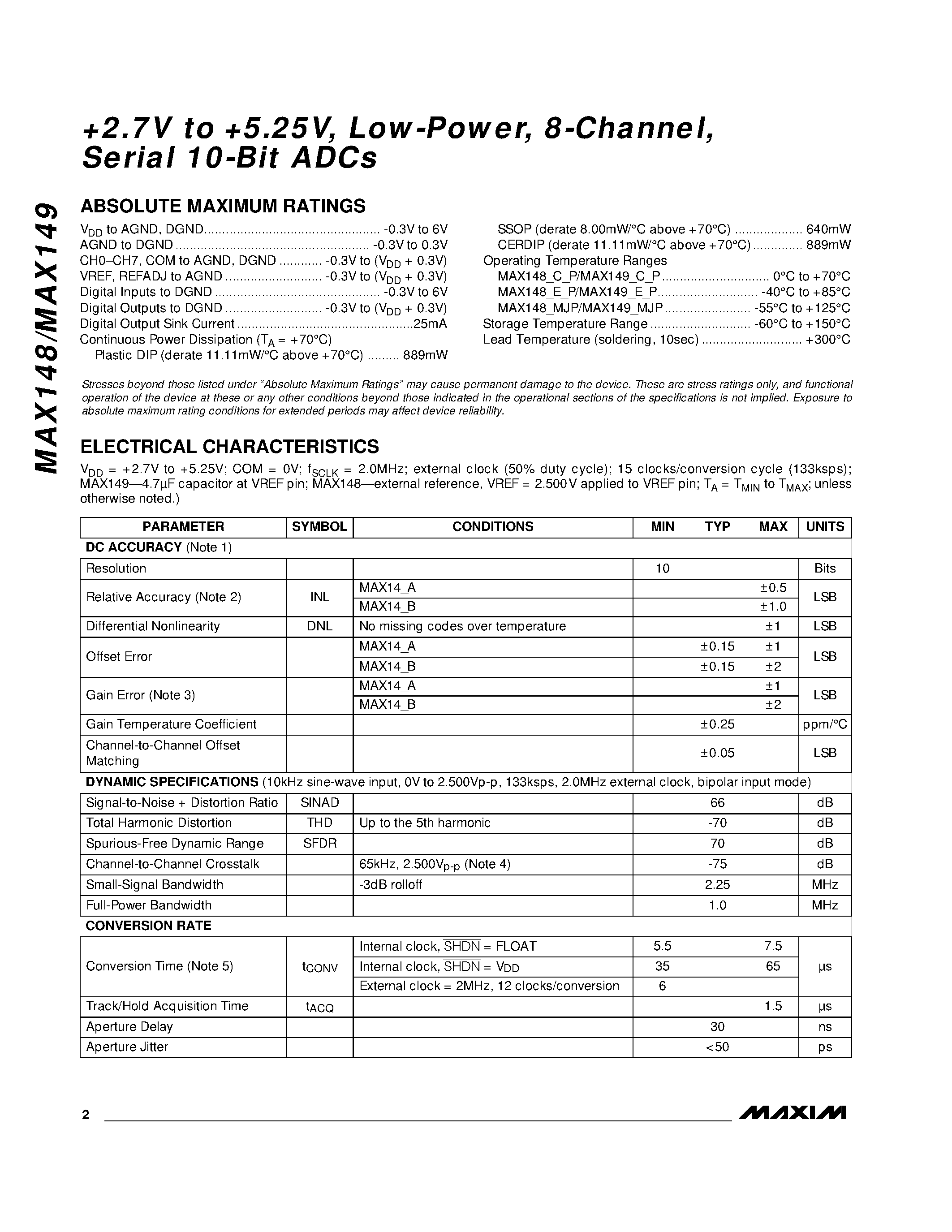 Datasheet MAX148-MAX149 - +2.7V to +5.25V / Low-Power / 8-Channel / Serial 10-Bit ADCs page 2