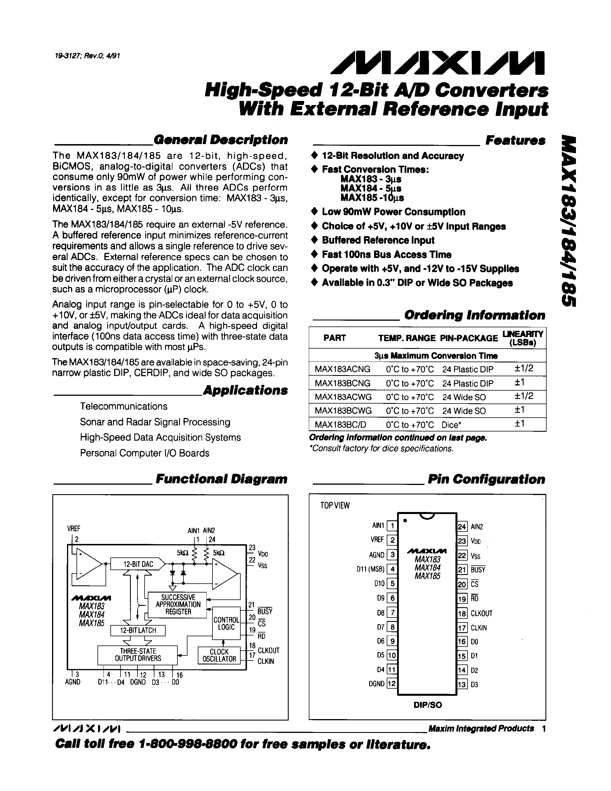 Datasheet MAX184BC/D - High-Speed 12-Bit A/D Converters With External Refernce input page 1