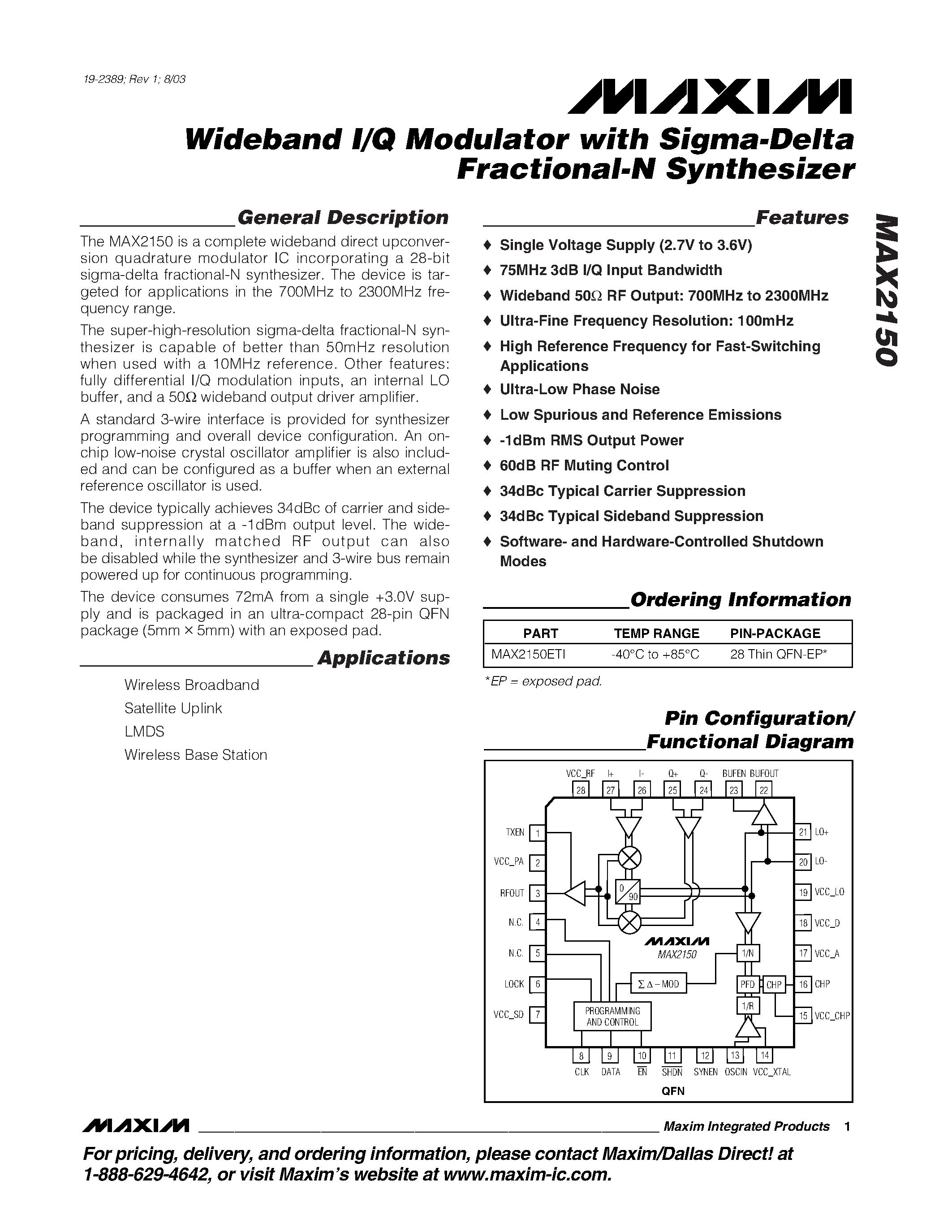 Datasheet MAX2150 - Wideband I/Q Modulator with Sigma-Delta Fractional-N Synthesizer page 1