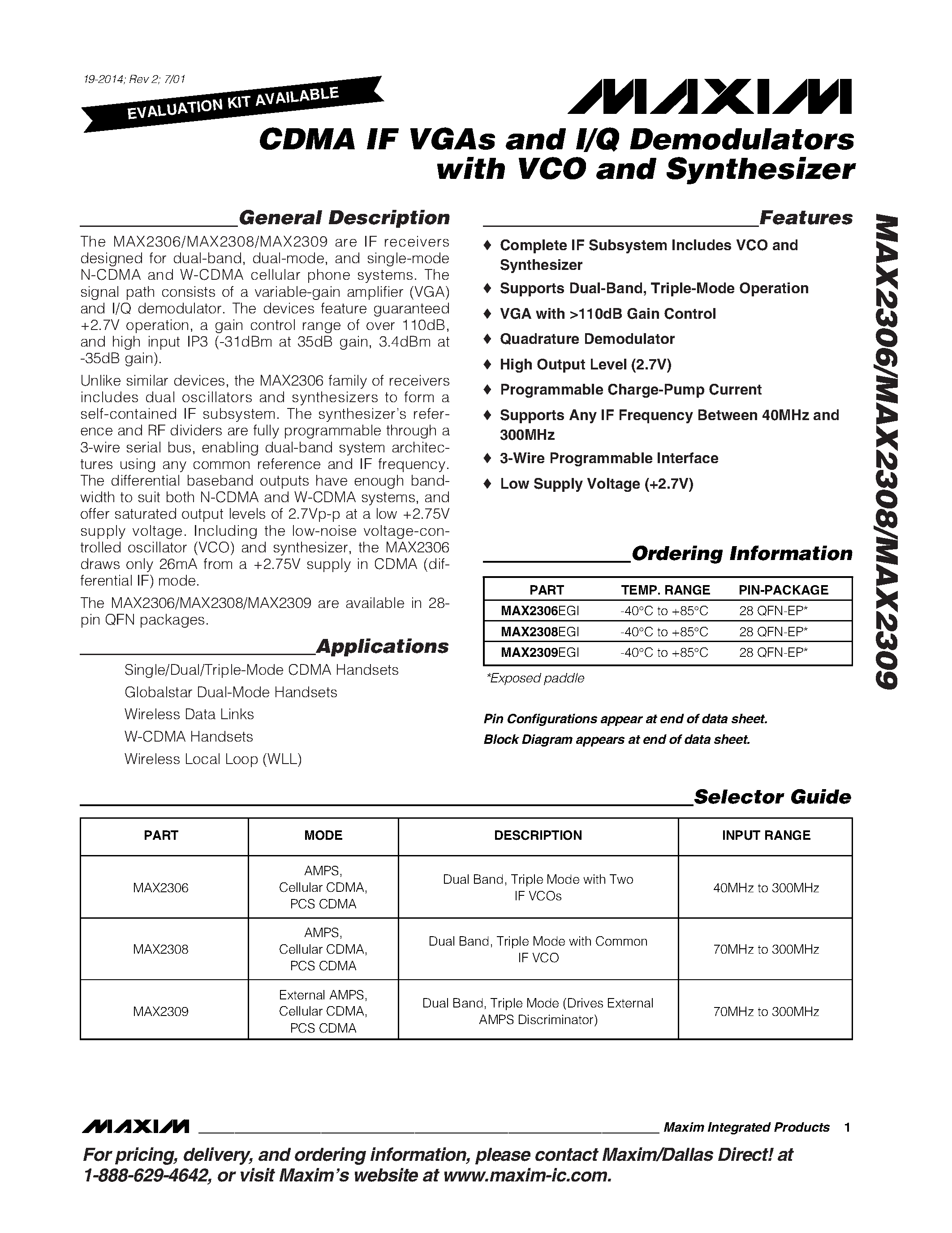 Даташит MAX2308EGI - CDMA IF VGAs and I/Q Demodulators with VCO and Synthesizer страница 1