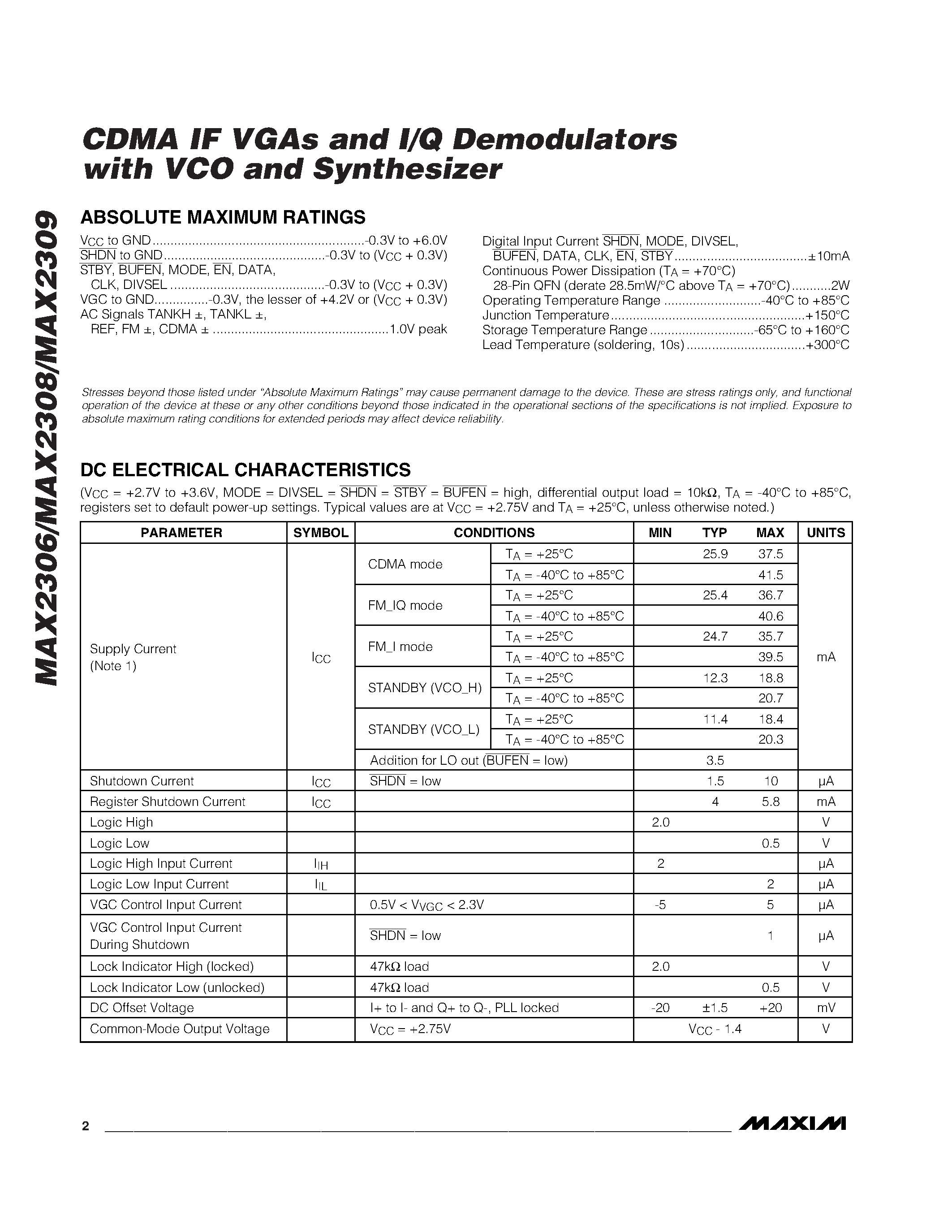 Даташит MAX2308EGI - CDMA IF VGAs and I/Q Demodulators with VCO and Synthesizer страница 2