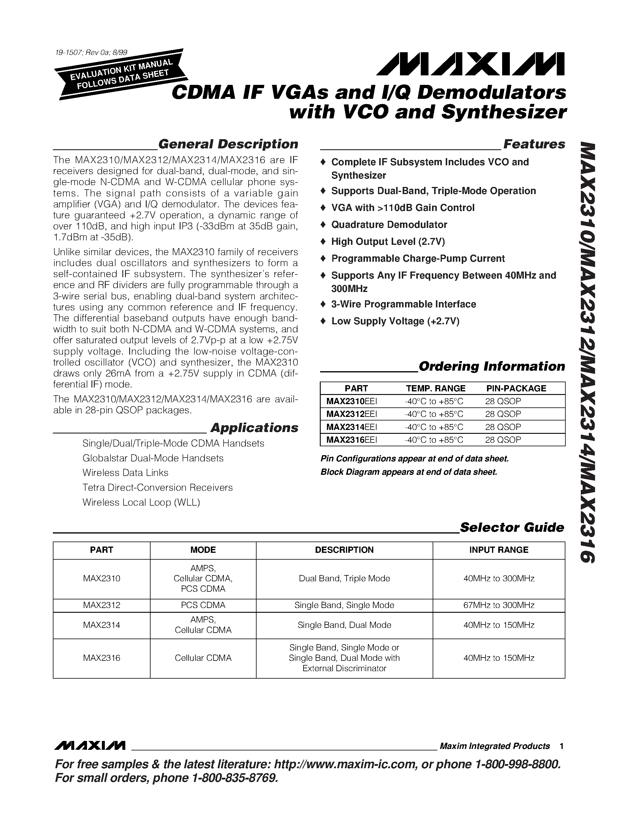 Datasheet MAX2310 - CDMA IF VGAs and I/Q Demodulators with VCO and Synthesizer page 1
