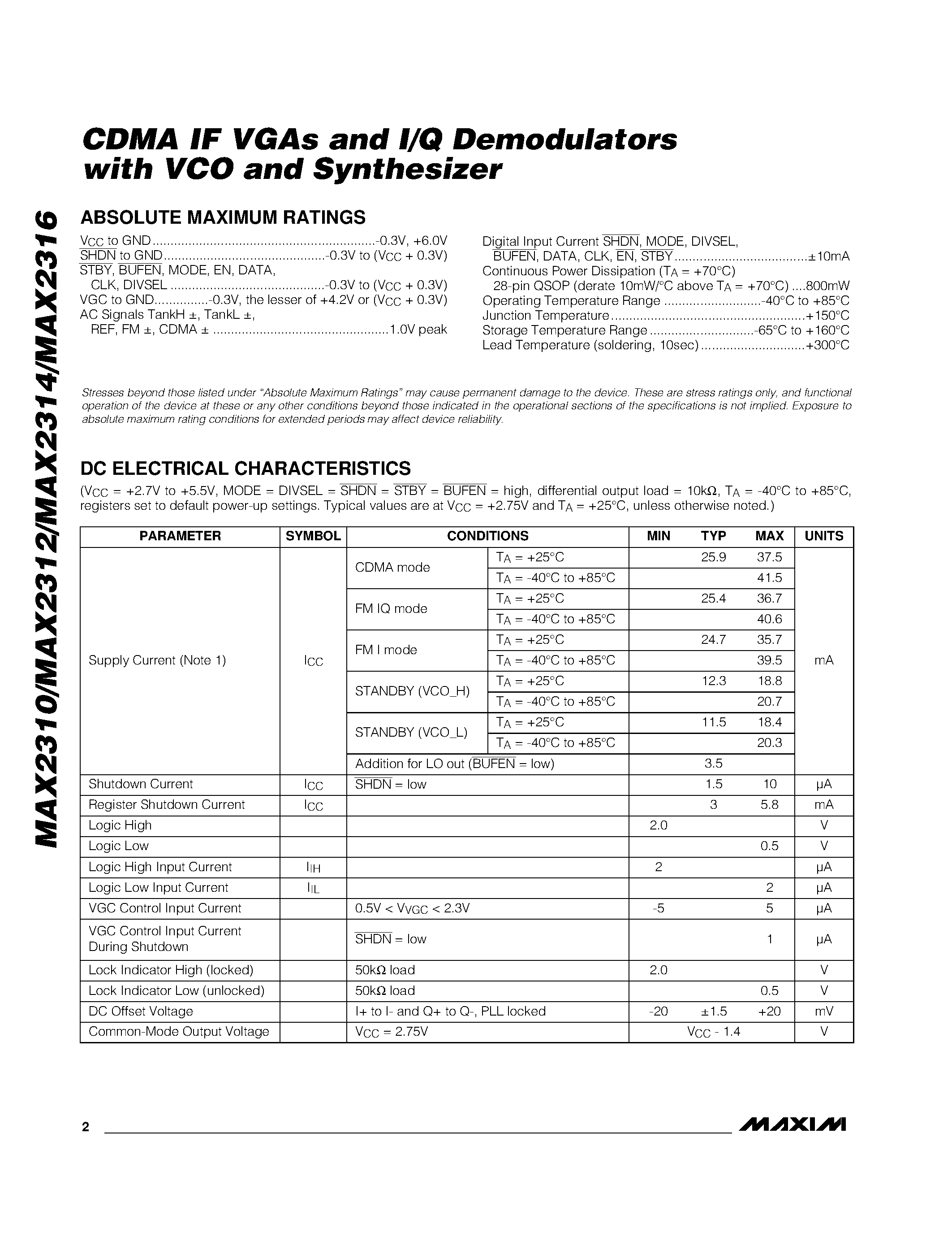 Даташит MAX2312EEI - CDMA IF VGAs and I/Q Demodulators with VCO and Synthesizer страница 2