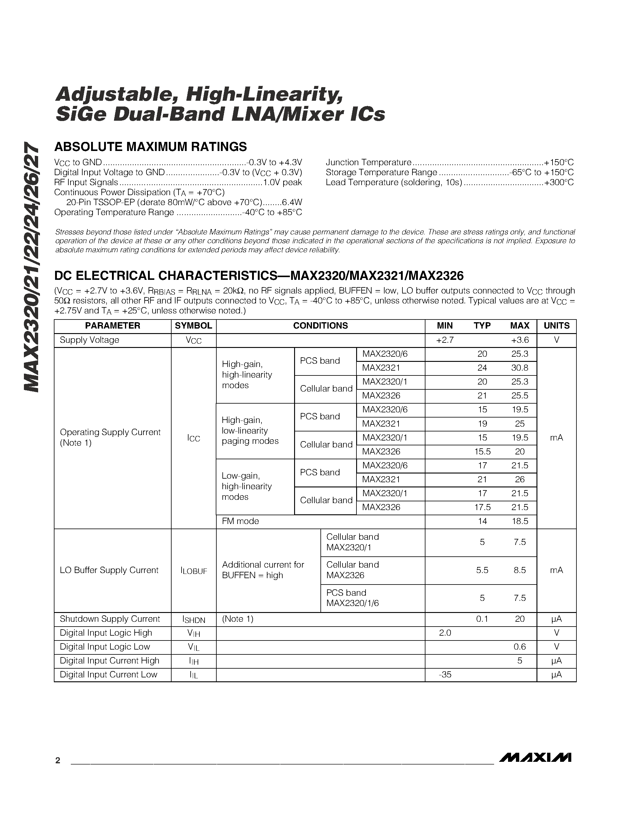Даташит MAX2320EUP - Adjustable / High-Linearity / SiGe Dual-Band LNA/Mixer ICs страница 2