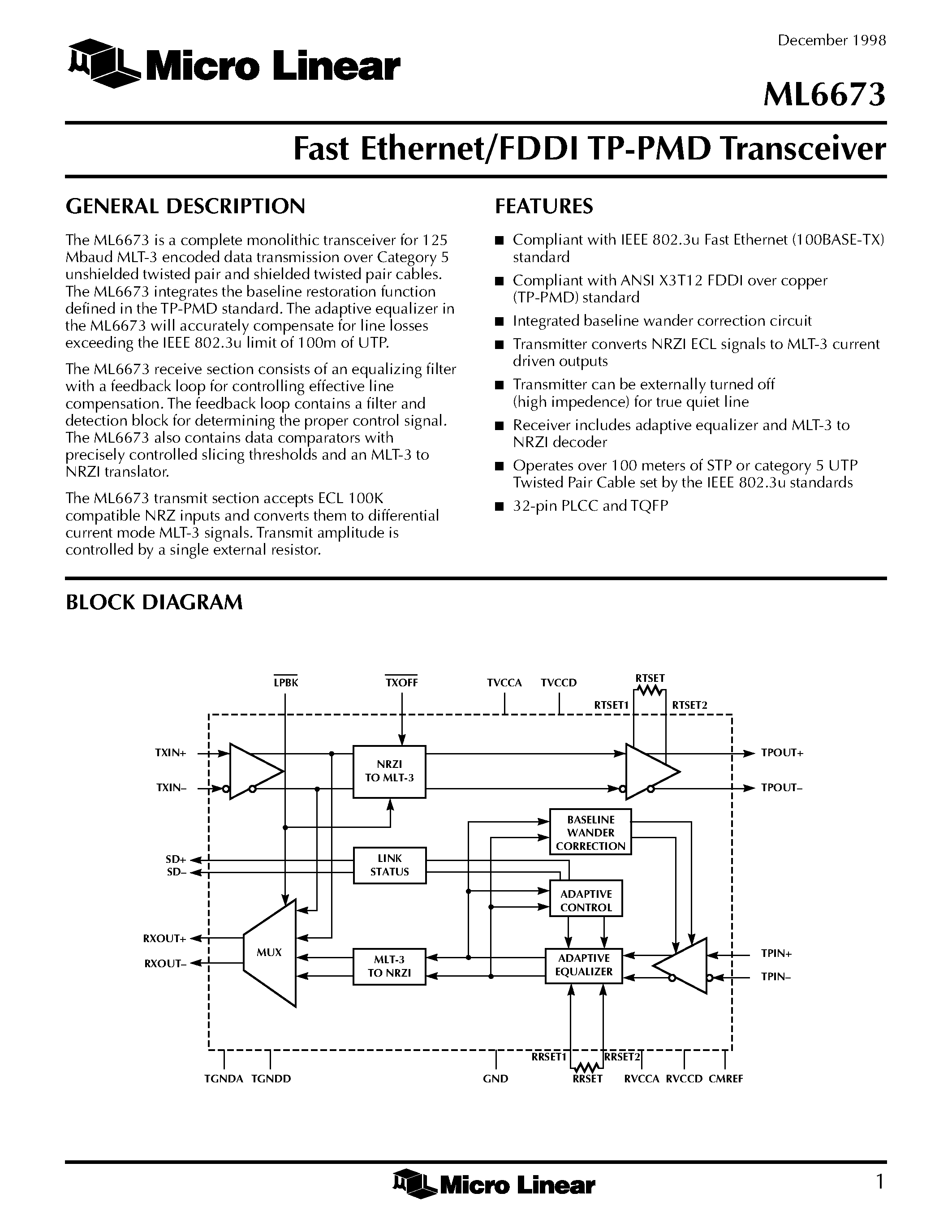 Даташит ML6673CH - Fast Ethernet/FDDI TP-PMD Transceiver страница 1