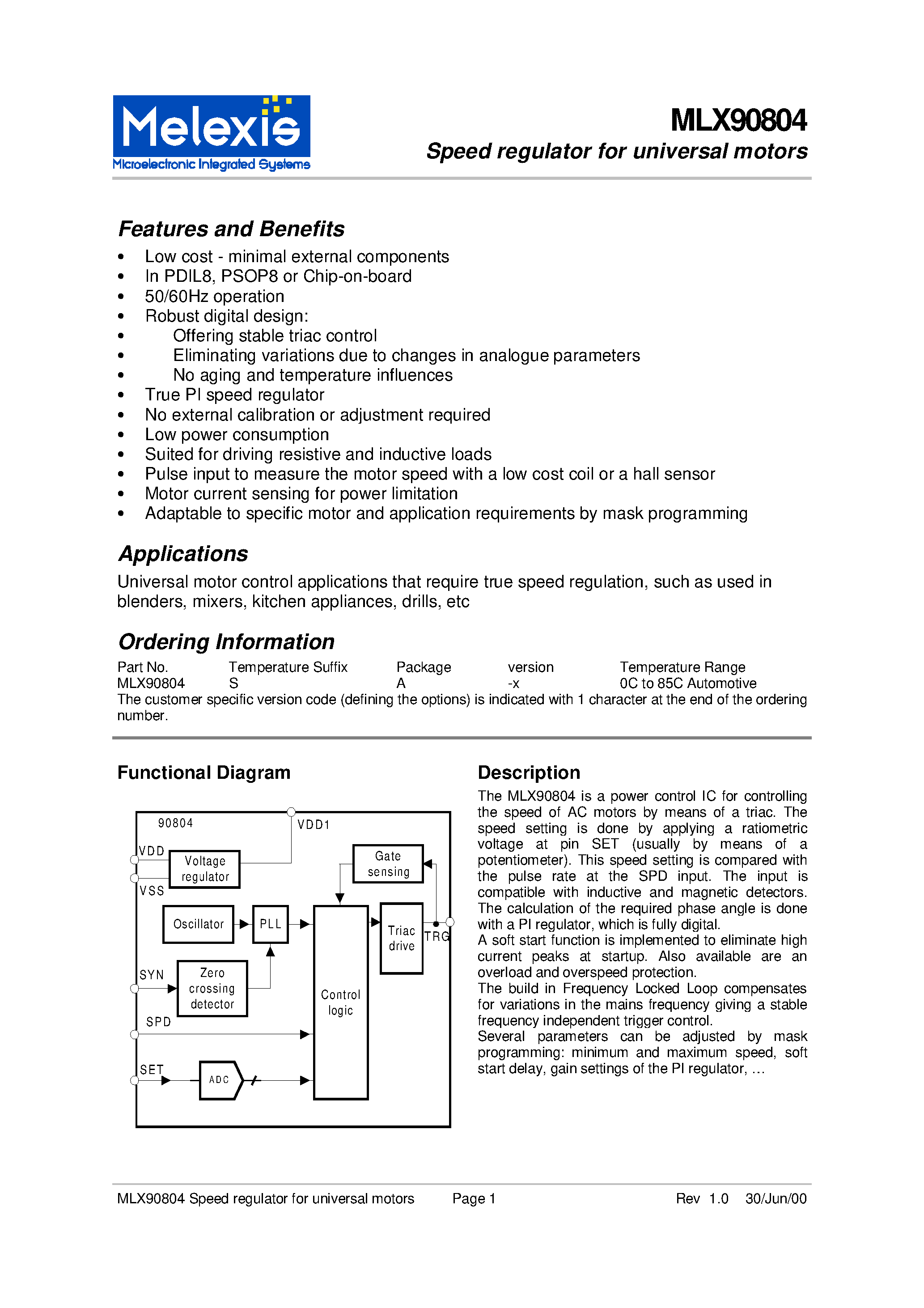 Datasheet MLX90804SA-X - Speed regulator for universal motors page 1