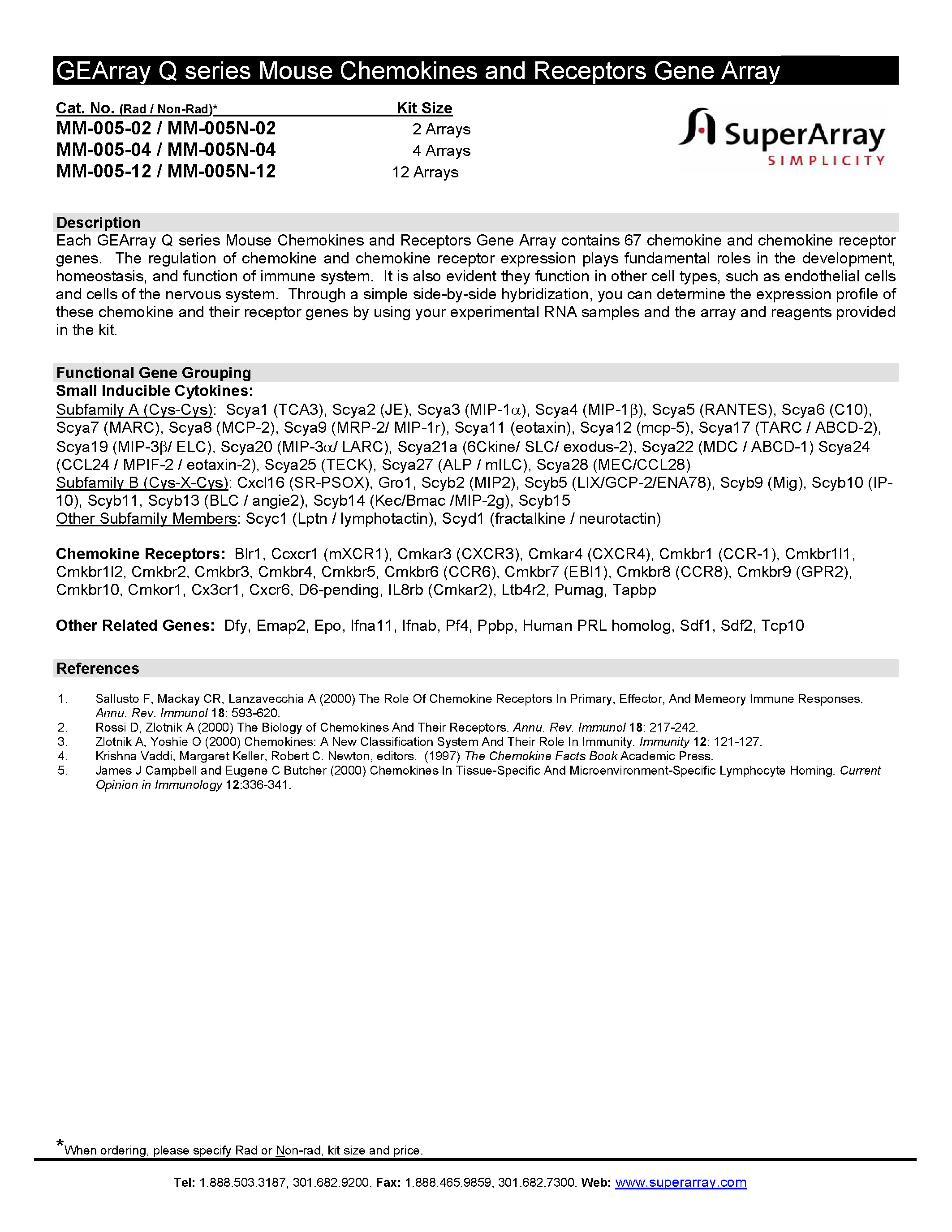 Даташит MM-005-02 - GEArray Q series Mouse Chemokines and Receptors Gene Array страница 1