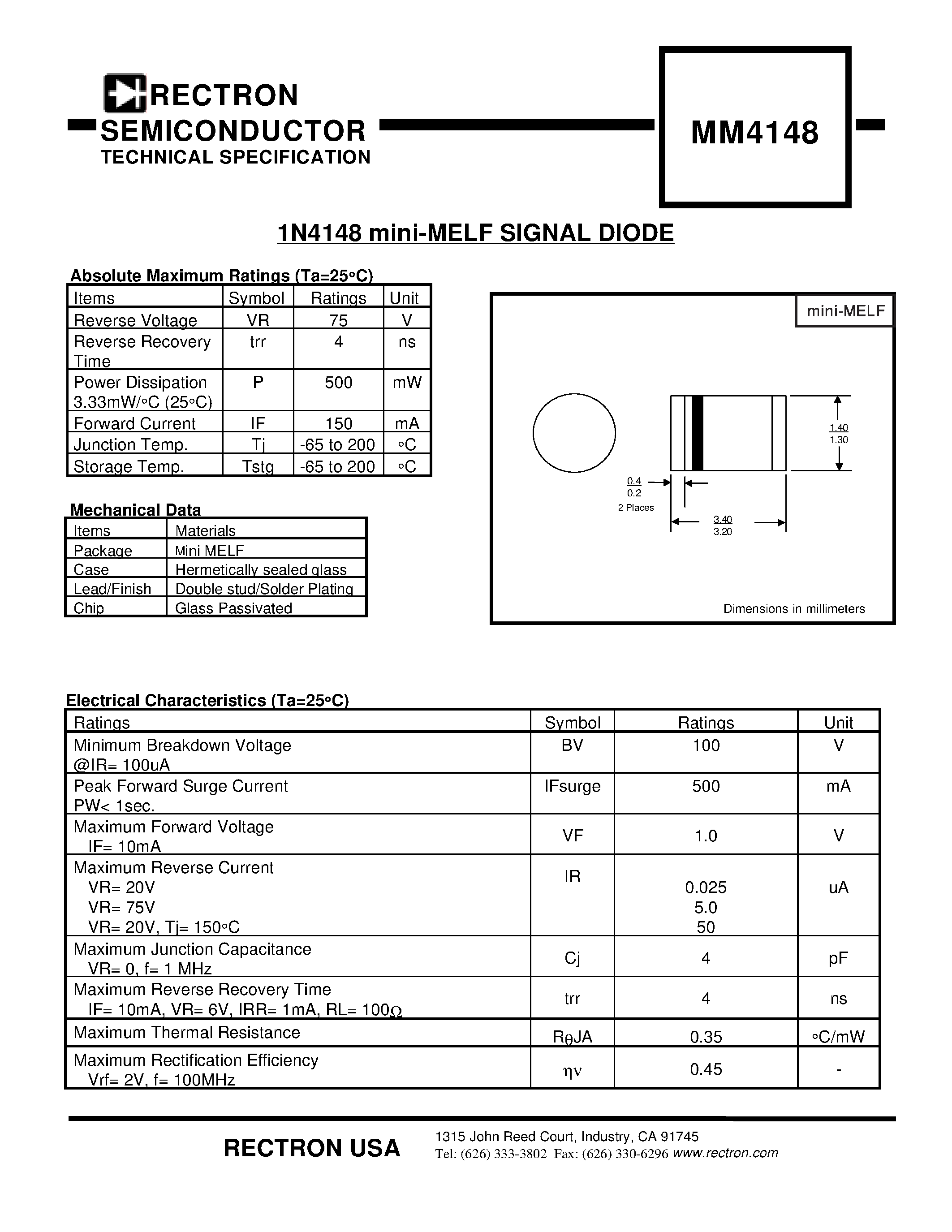 Даташит MM4148 - 1N4148 mini-MELF SIGNAL DIODE страница 1