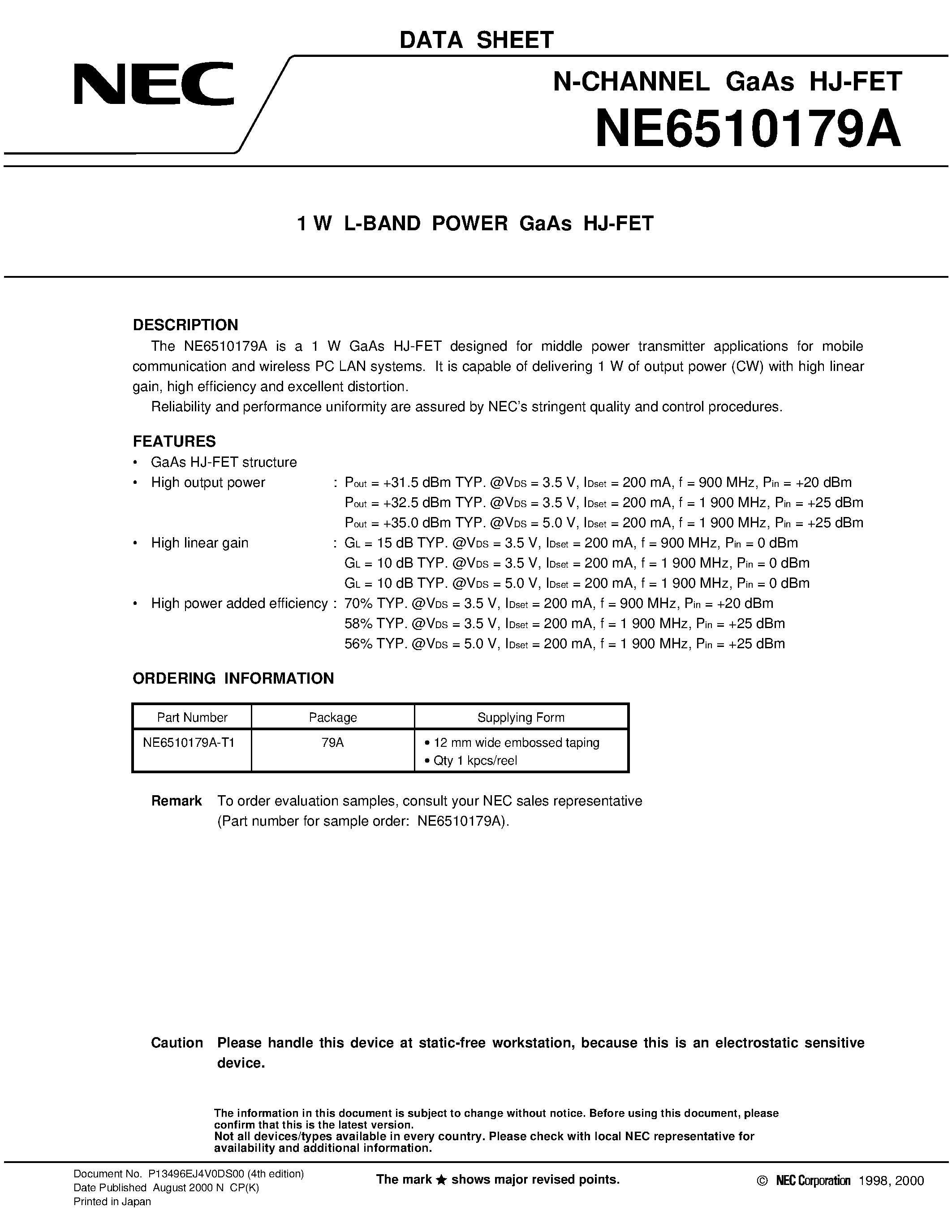 Даташит NE6510179A - 1 W L-BAND POWER GaAs HJ-FET страница 1