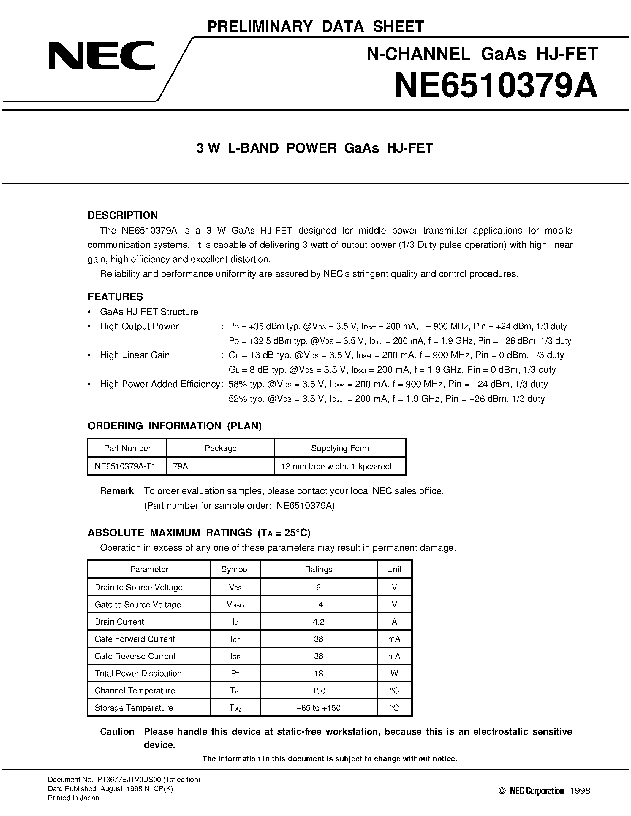 Даташит NE6510379A - 3 W L-BAND POWER GaAs HJ-FET страница 1