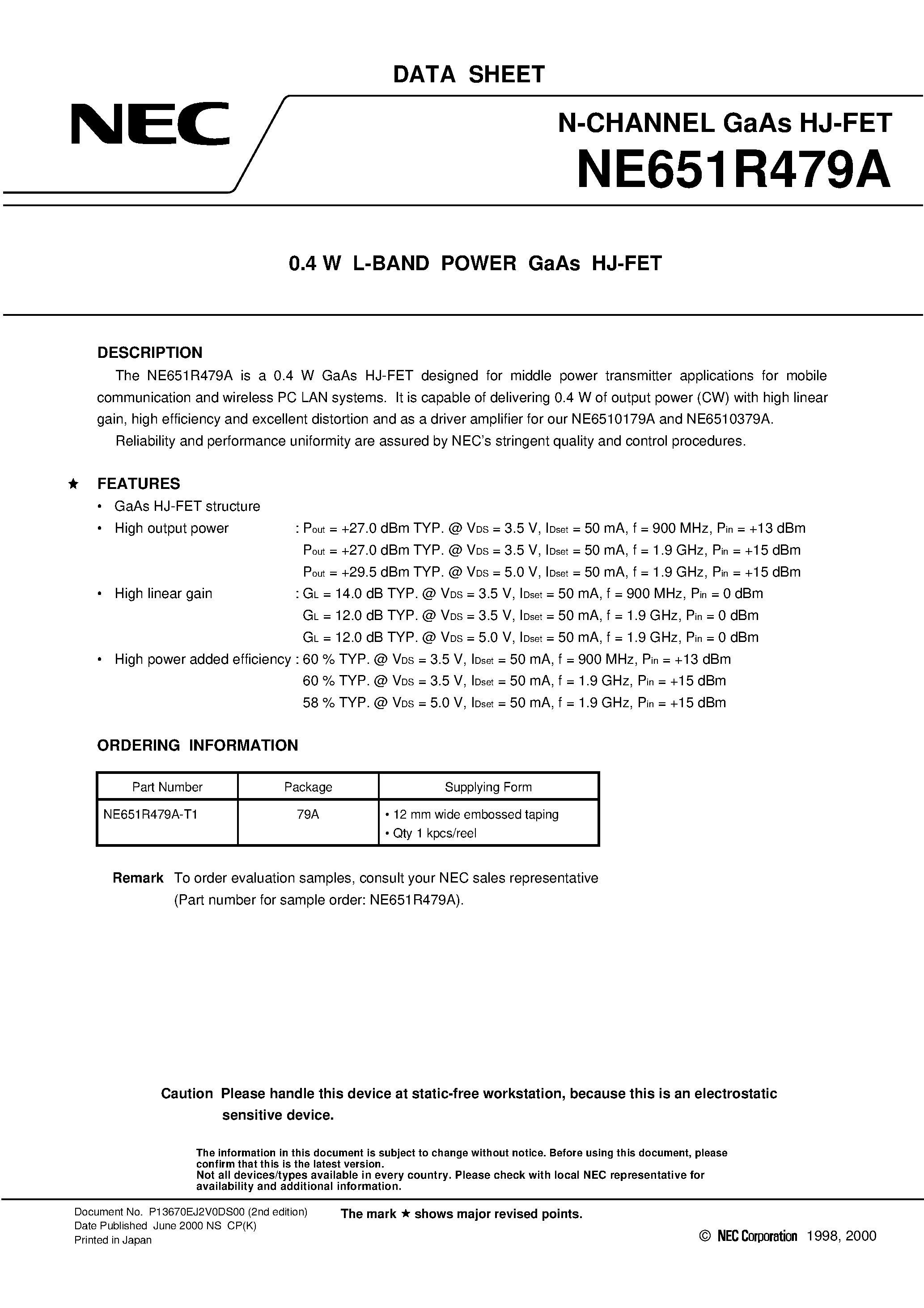 Даташит NE651R479A - 0.4 W L-BAND POWER GaAs HJ-FET страница 1