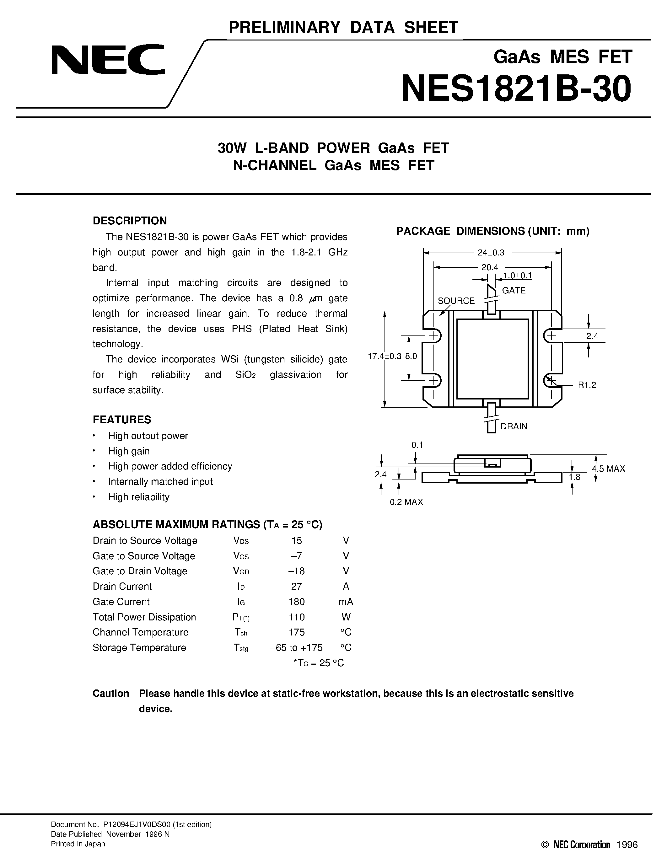 Даташит NES1821B-30 - 30W L-BAND POWER GaAs FET N-CHANNEL GaAs MES FET страница 1