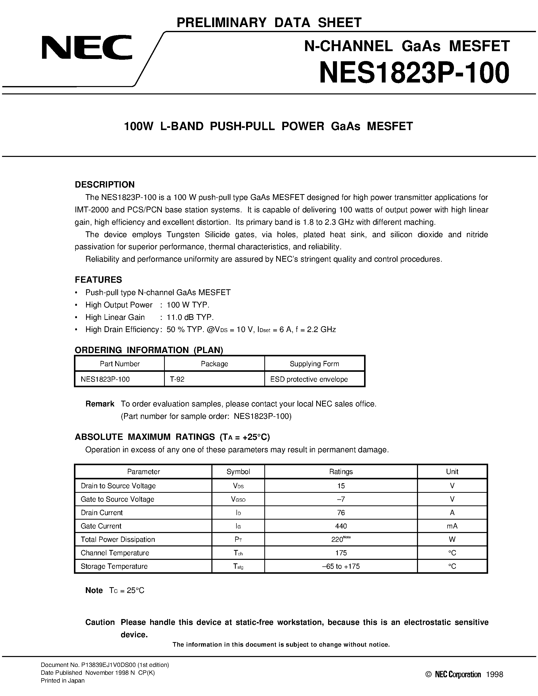 Даташит NES1823P-100 - 100W L-BAND PUSH-PULL POWER GaAs MESFET страница 1