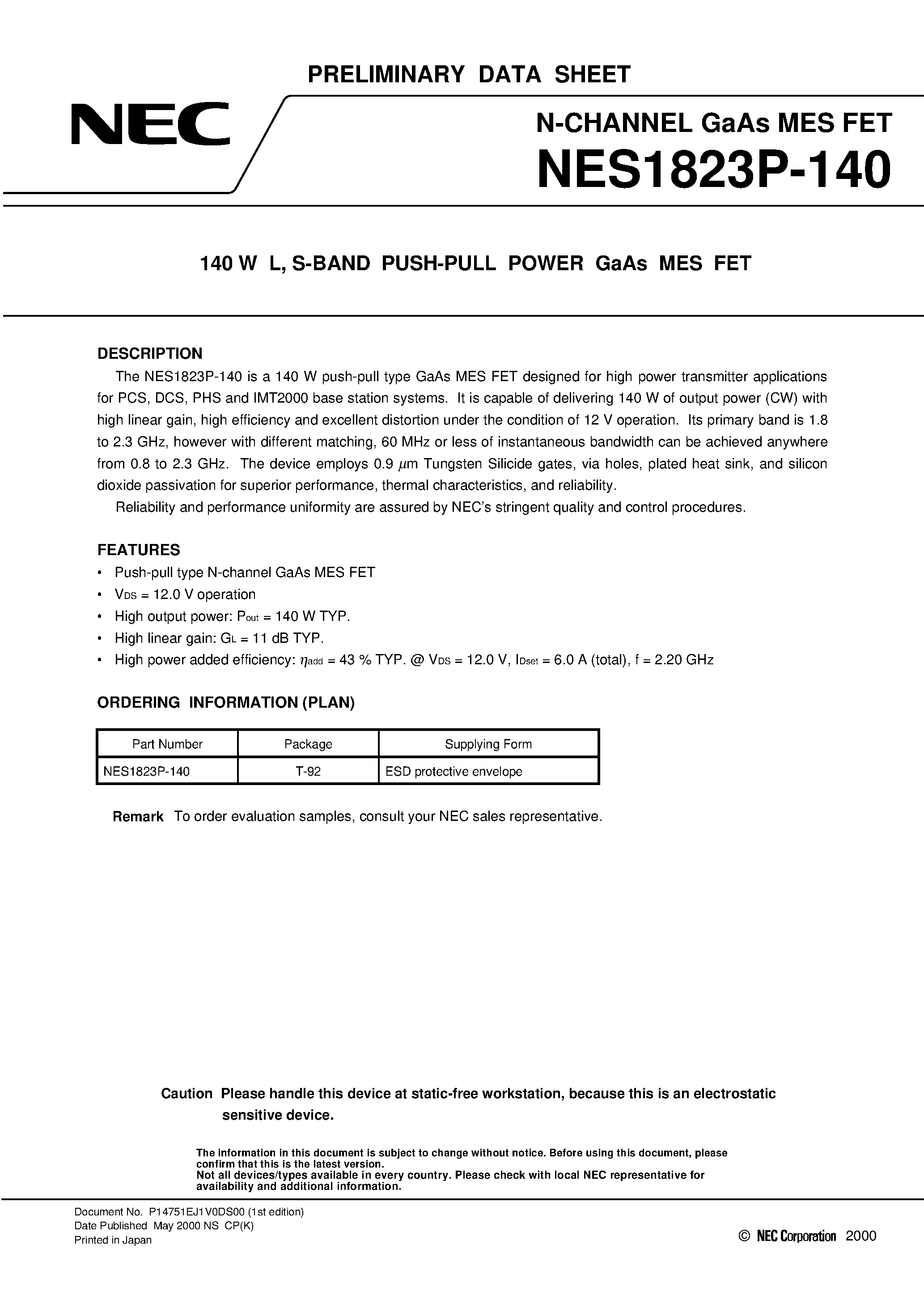 Даташит NES1823P-140 - 140 W L / S-BAND PUSH-PULL POWER GaAs MES FET страница 1