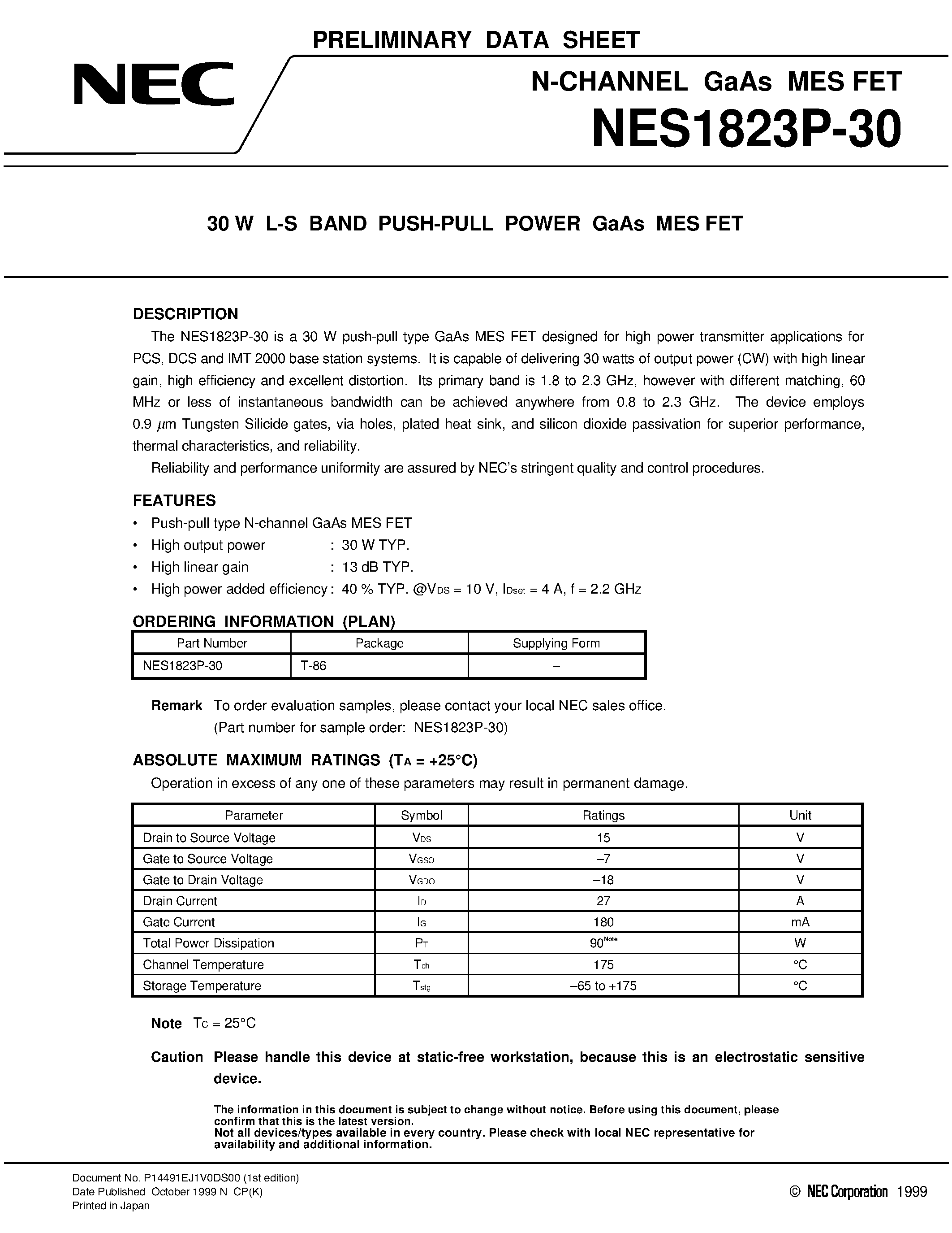 Даташит NES1823P-30 - 30 W L-S BAND PUSH-PULL POWER GaAs MES FET страница 1