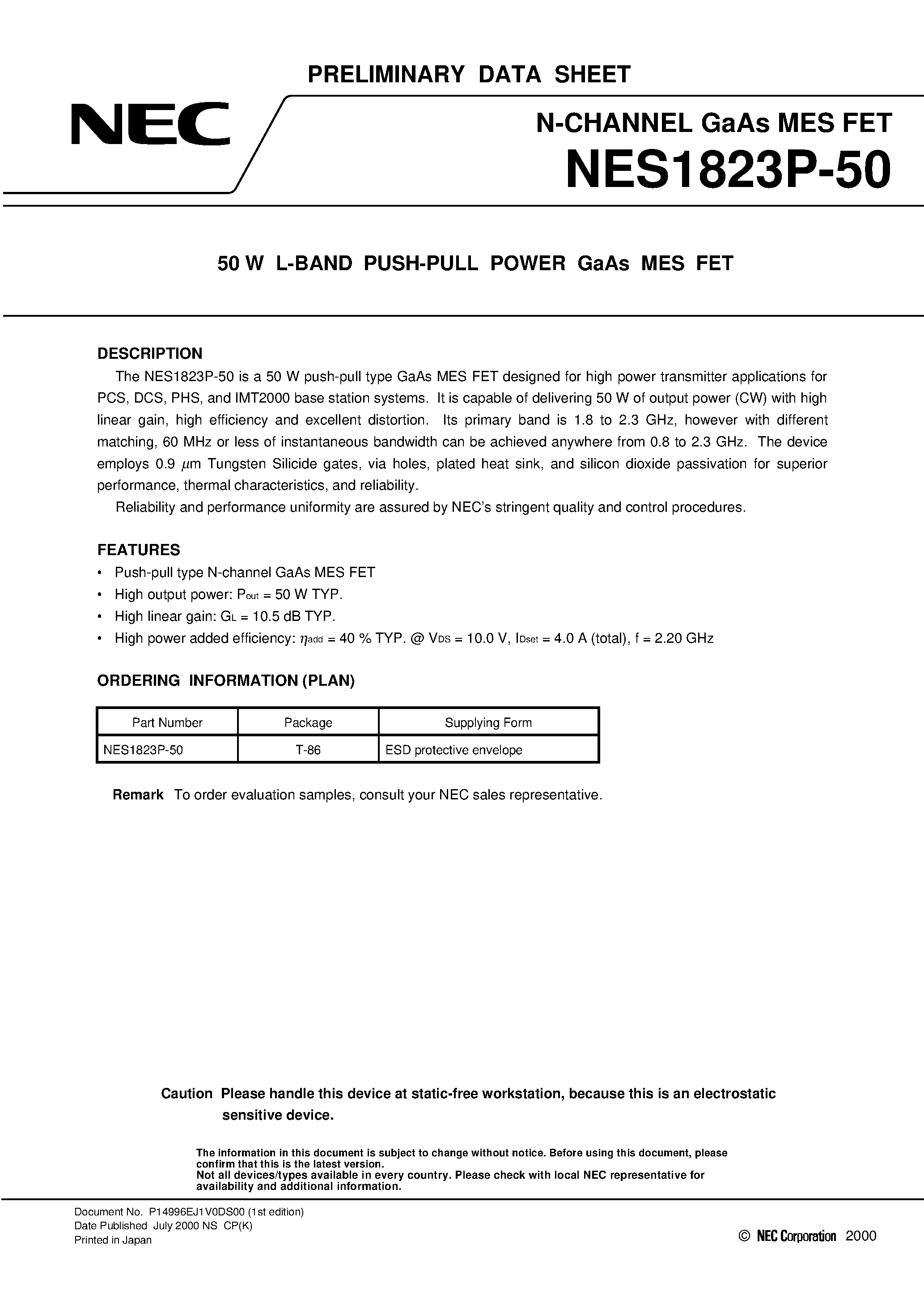 Даташит NES1823P-50 - 50 W L-BAND PUSH-PULL POWER GaAs MES FET страница 1