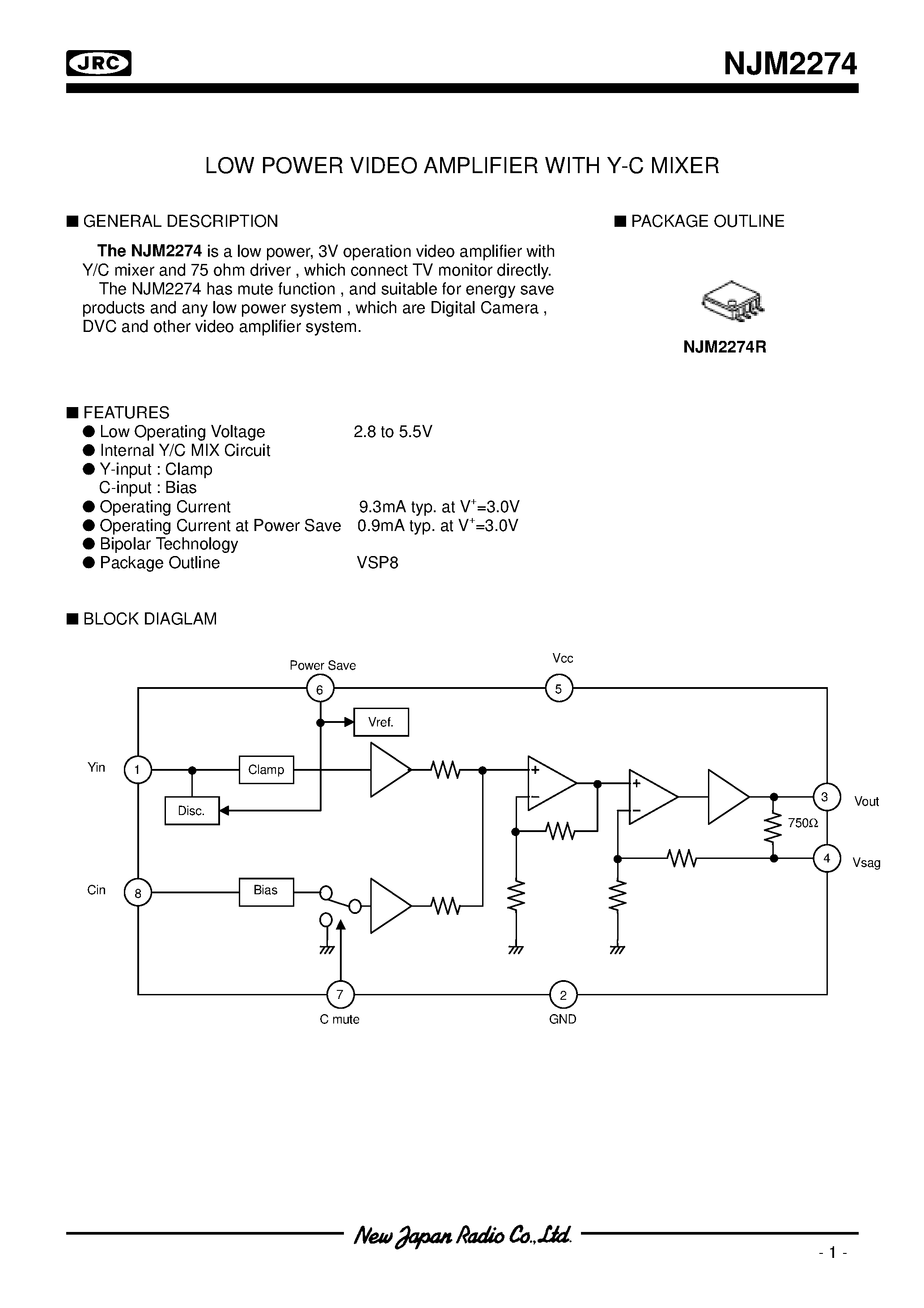 Datasheet NJM2274 - LOW POWER VIDEO AMPLIFIER WITH Y-C MIXER page 1