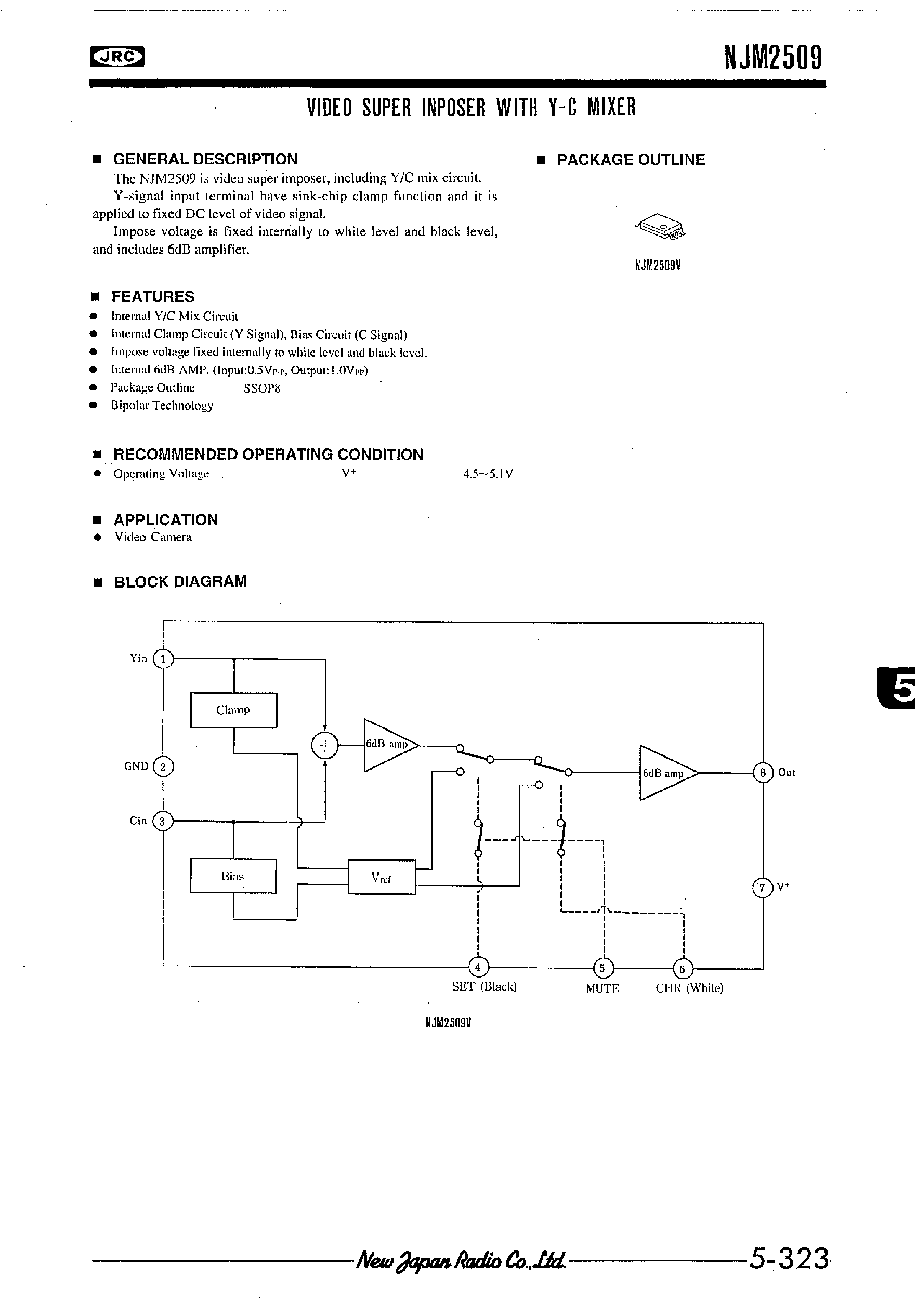 Datasheet NJM2509 - VIDEO SUPER INPOSER WITH Y-C MIXER page 1