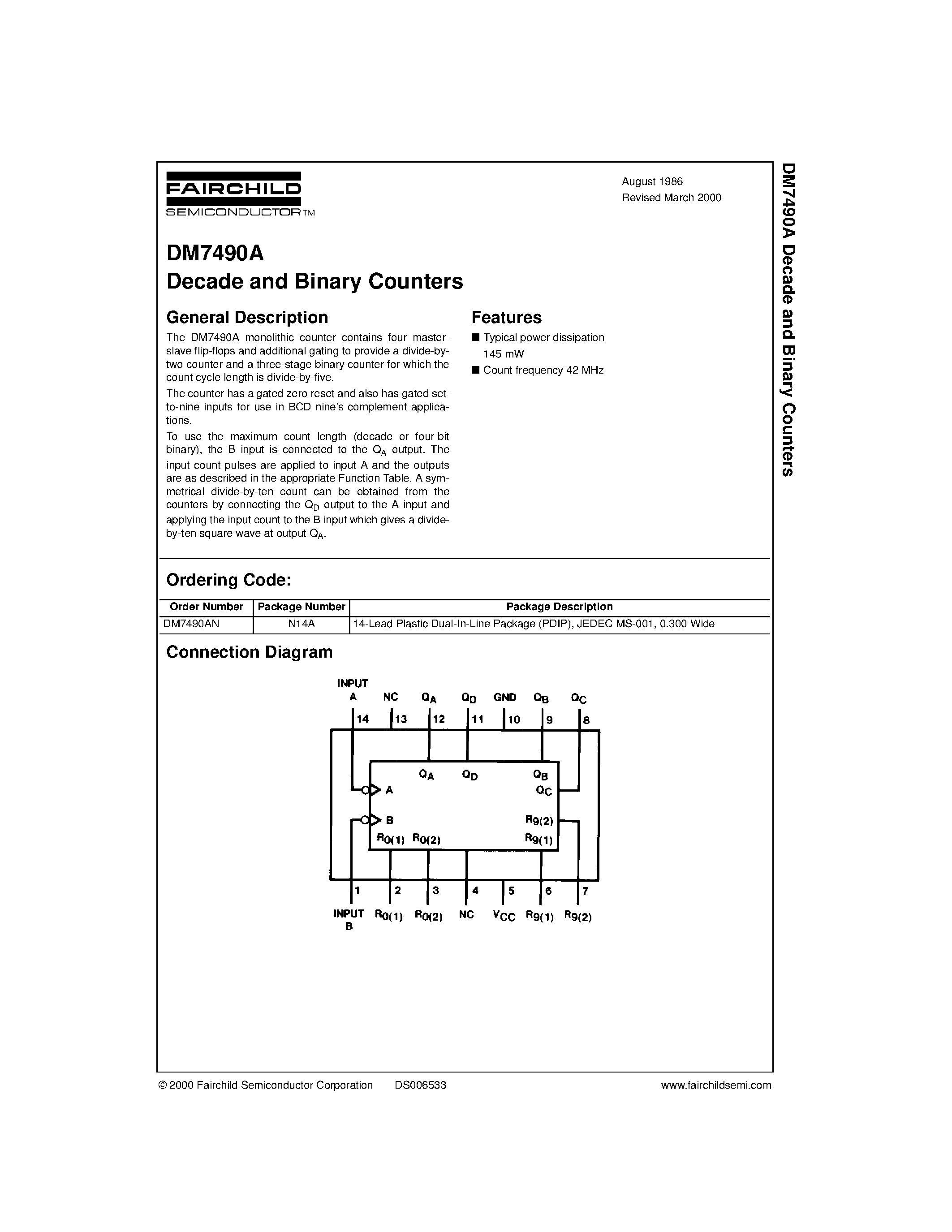 Datasheet 7490 - Decade and Binary Counters page 1
