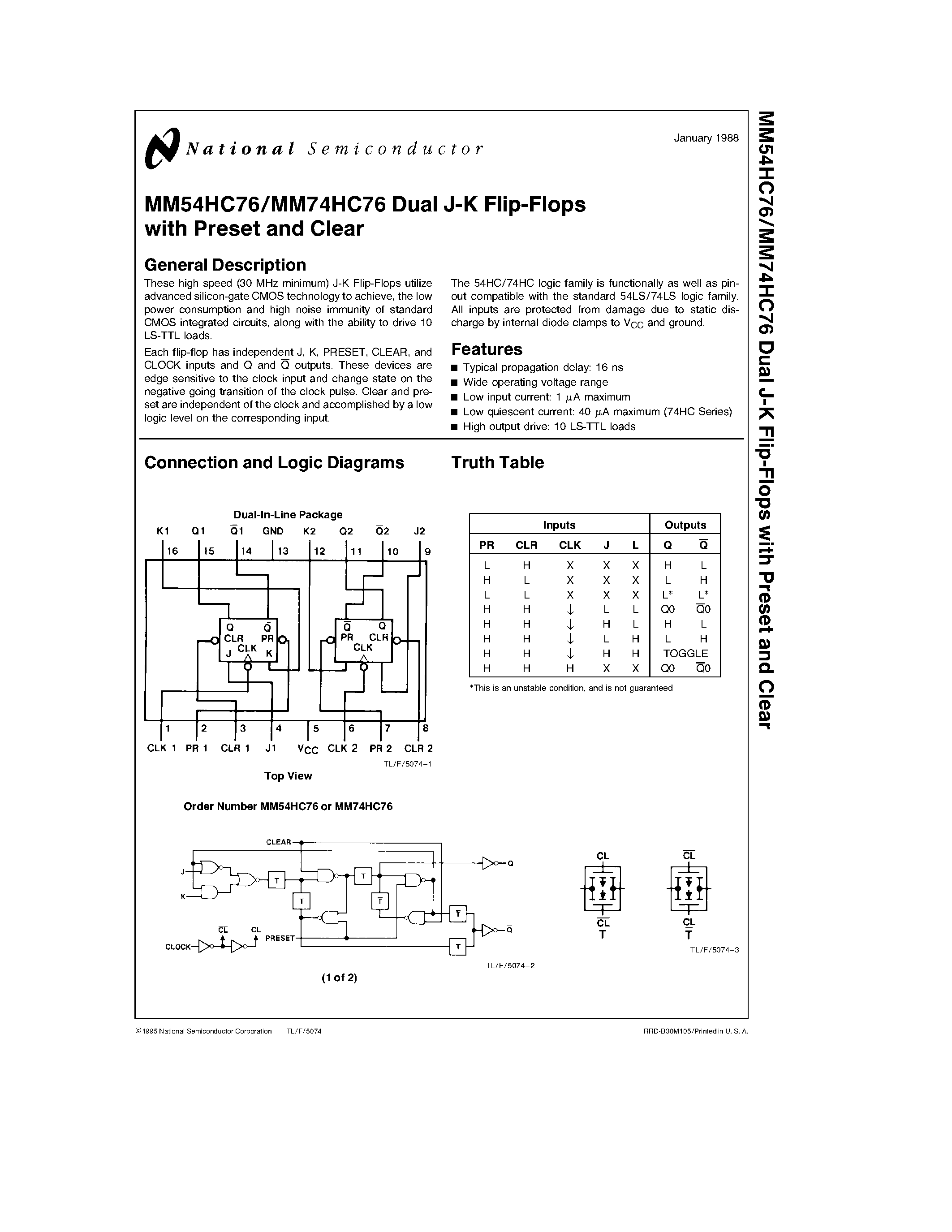 Даташит MM74HC76J - Dual J-K Flip-Flops with Preset and Clear страница 1
