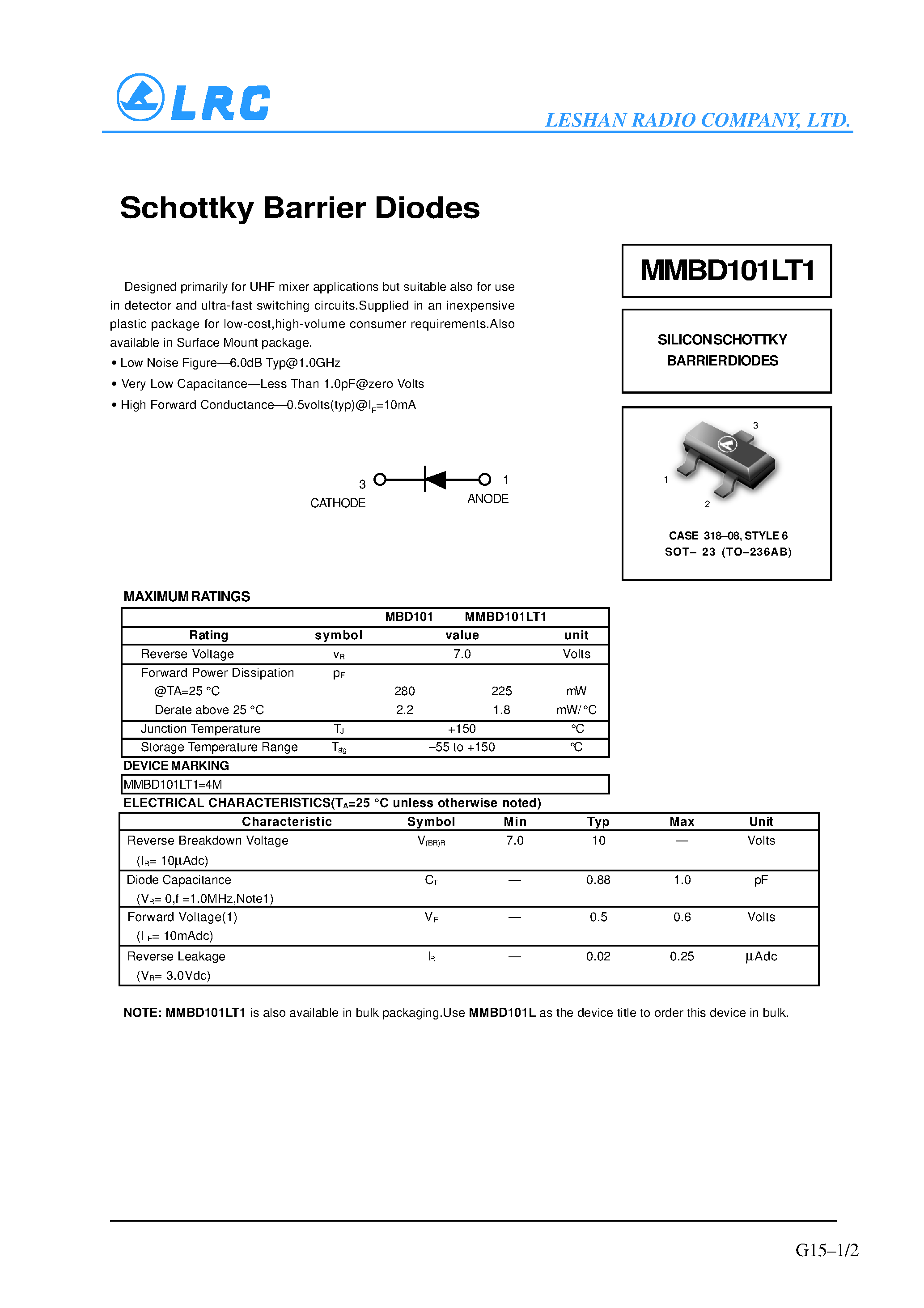 Даташит MMBD101LT1 - Schottky Barrier Diodes страница 1