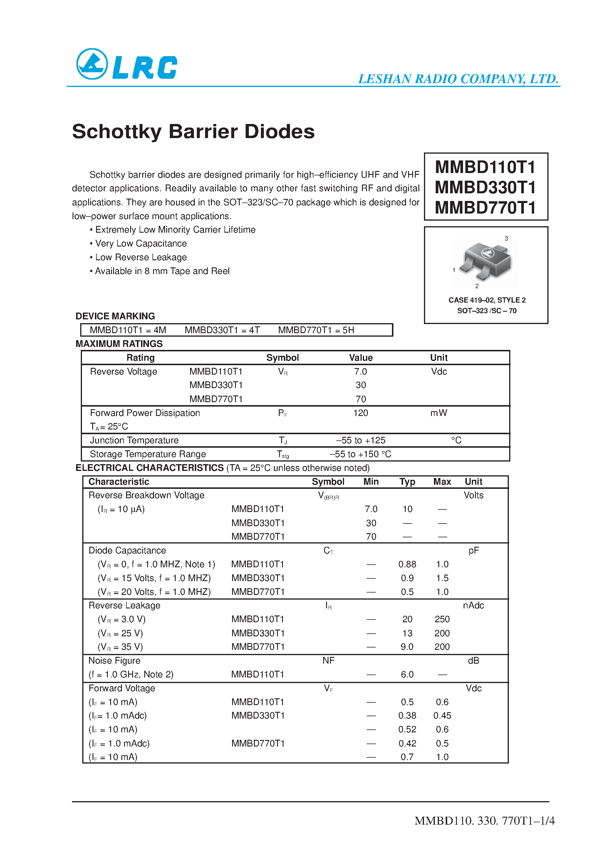 Даташит MMBD110T1 - Schottky Barrier Diodes страница 1