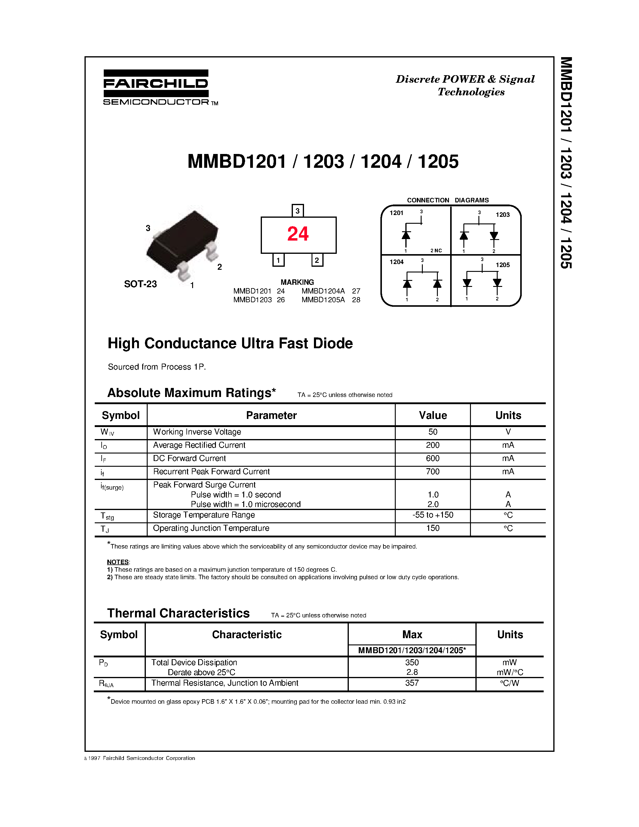 Даташит MMBD1201 - High Conductance Ultra Fast Diode страница 1