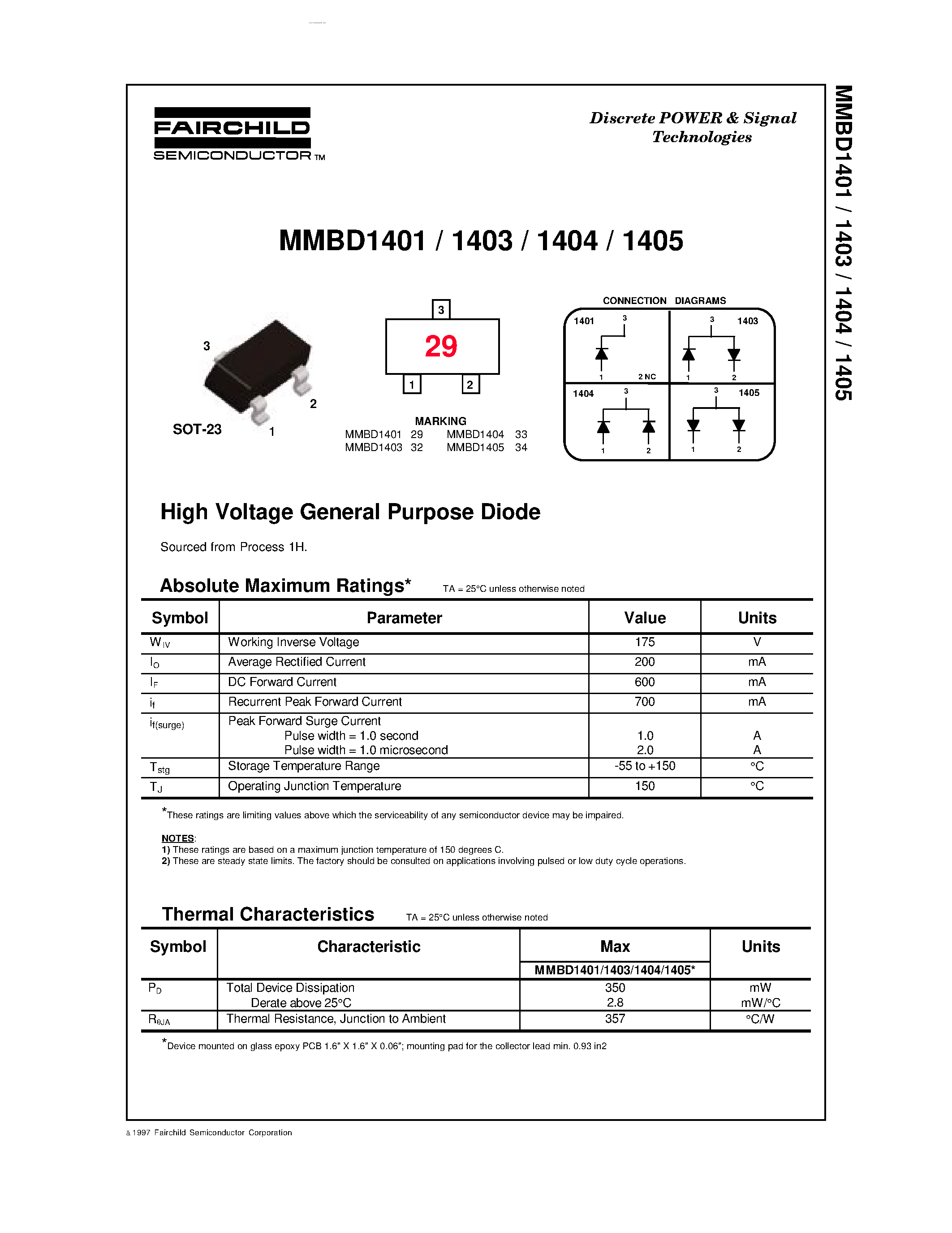 Даташит MMBD1405 - High Voltage General Purpose Diode страница 1