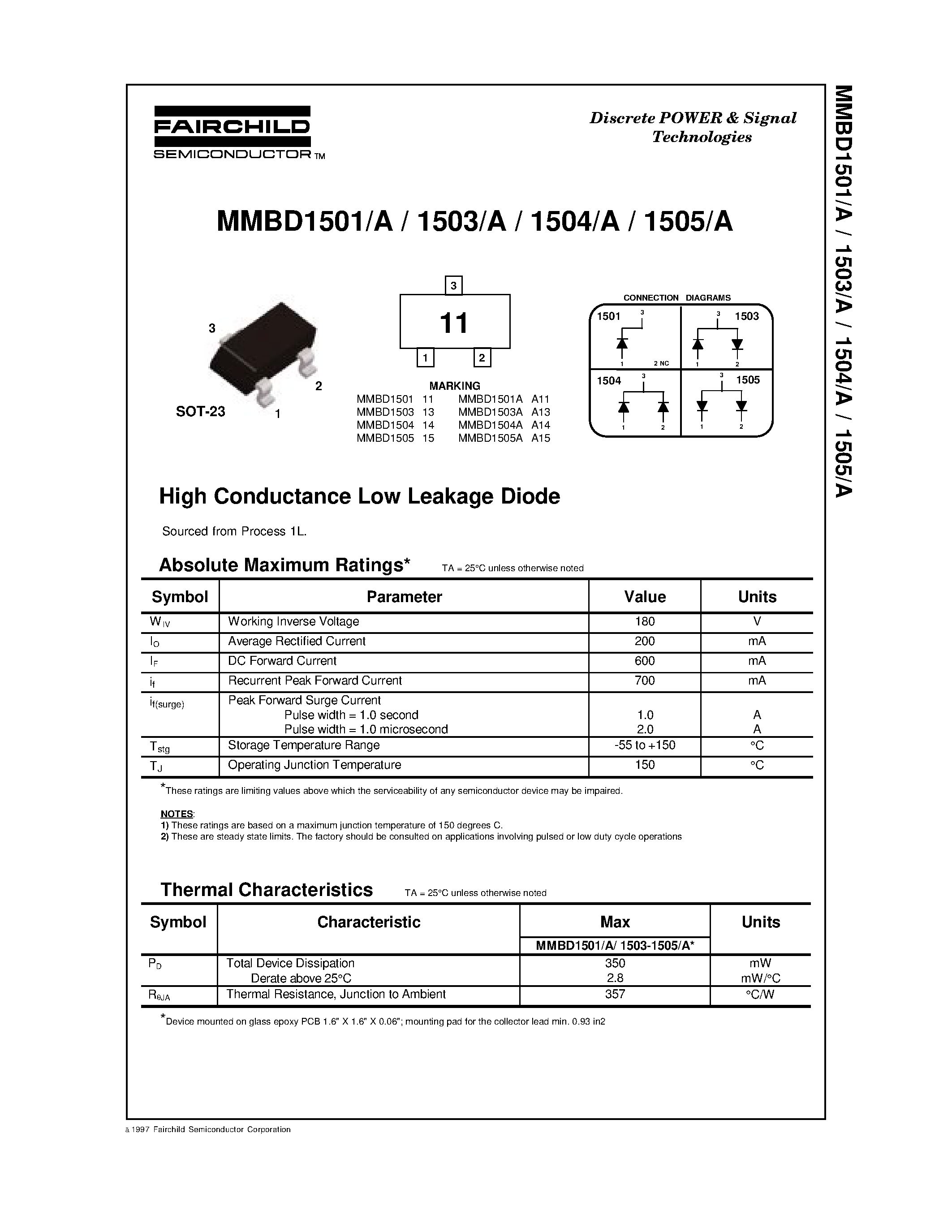 Даташит MMBD1501 - High Conductance Low Leakage Diode страница 1